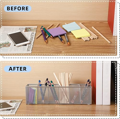 Miniatura 3 de Teling Organizador de escritorio de malla, soporte de malla metálica para bolígrafos, 6 compartimentos, papelería de escritorio, organizador de