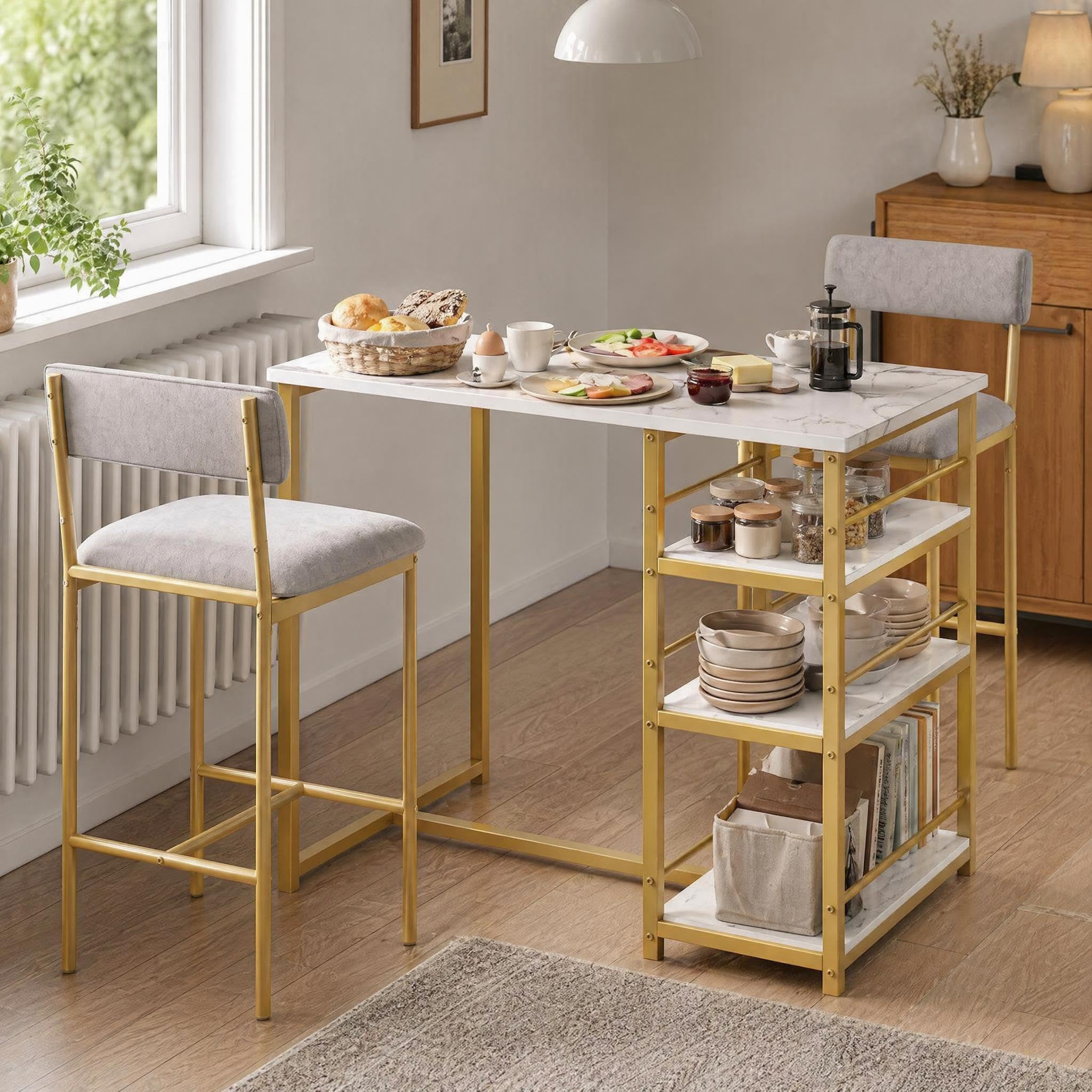 Bartisch mit Stühlen 2 Personen, Küchentheke Tresentisch mit Stauraum & Gepolsterten Barhockern, Bistrotisch Hausbar Set, Stehtisch mit Hocker, Goldmarmor-Optik & Grauer Samt
