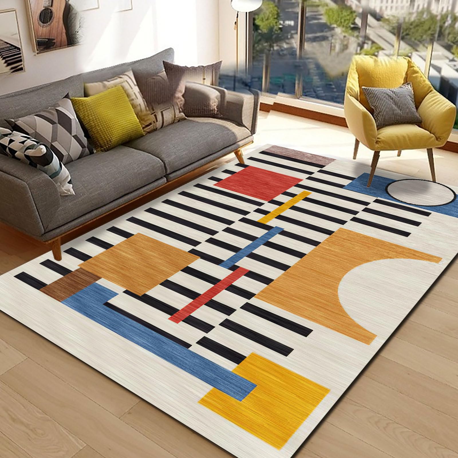 Dywanik o wymiarach 1,6 x 2 m, duży dywan, 160 x 200 cm, zmywalny, do salonu, estetyczny, akcesoria do sypialni, dywan, nowoczesny, geometryczny, niebieski