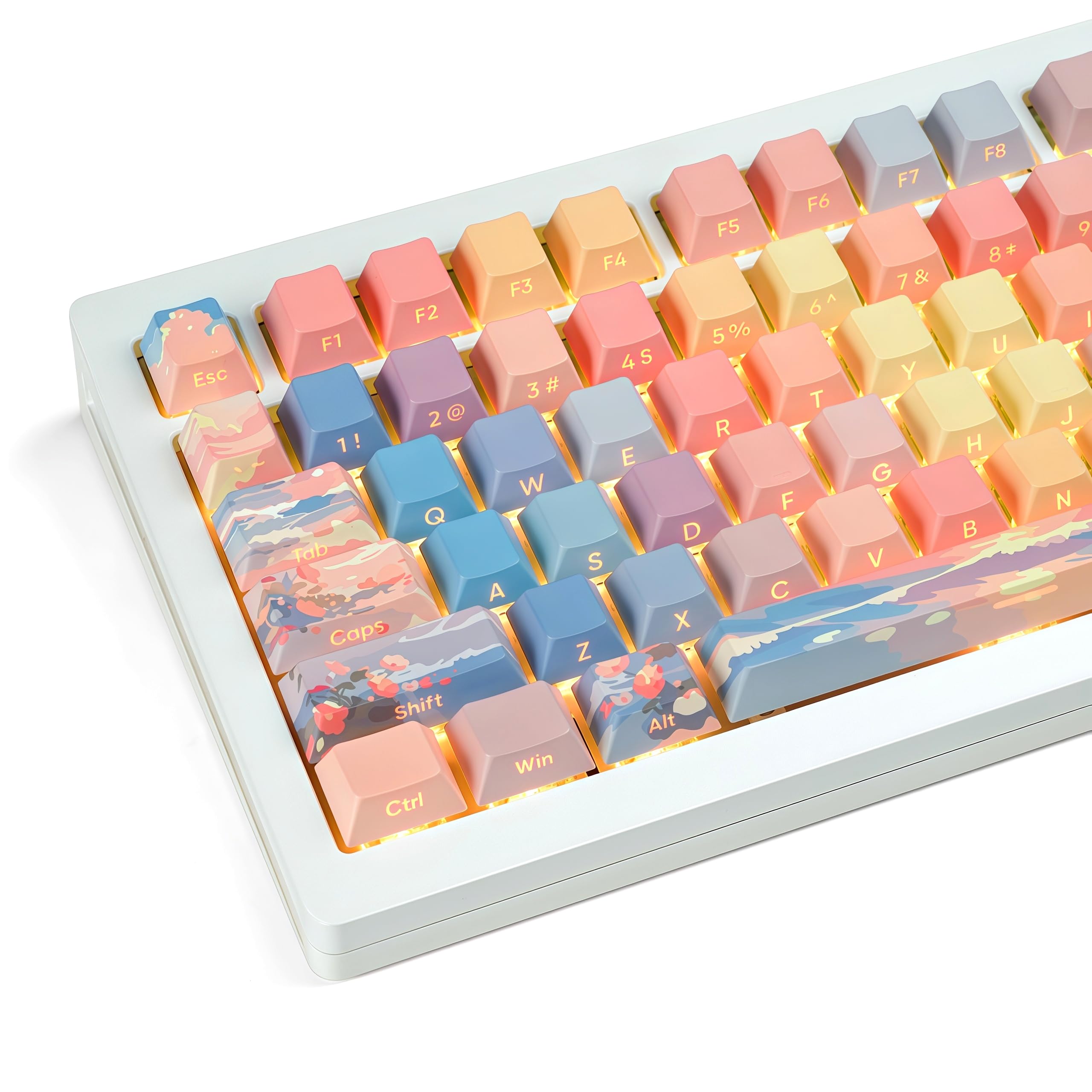dagaladoo Shine Through keycap Set,Double Shot PBT keycaps 60 75 Percent,dye sub Custom Key caps,Side Printed,Blue/Orange,Cherry Profile Keyboard caps for Machine Keyboard(Sunset)