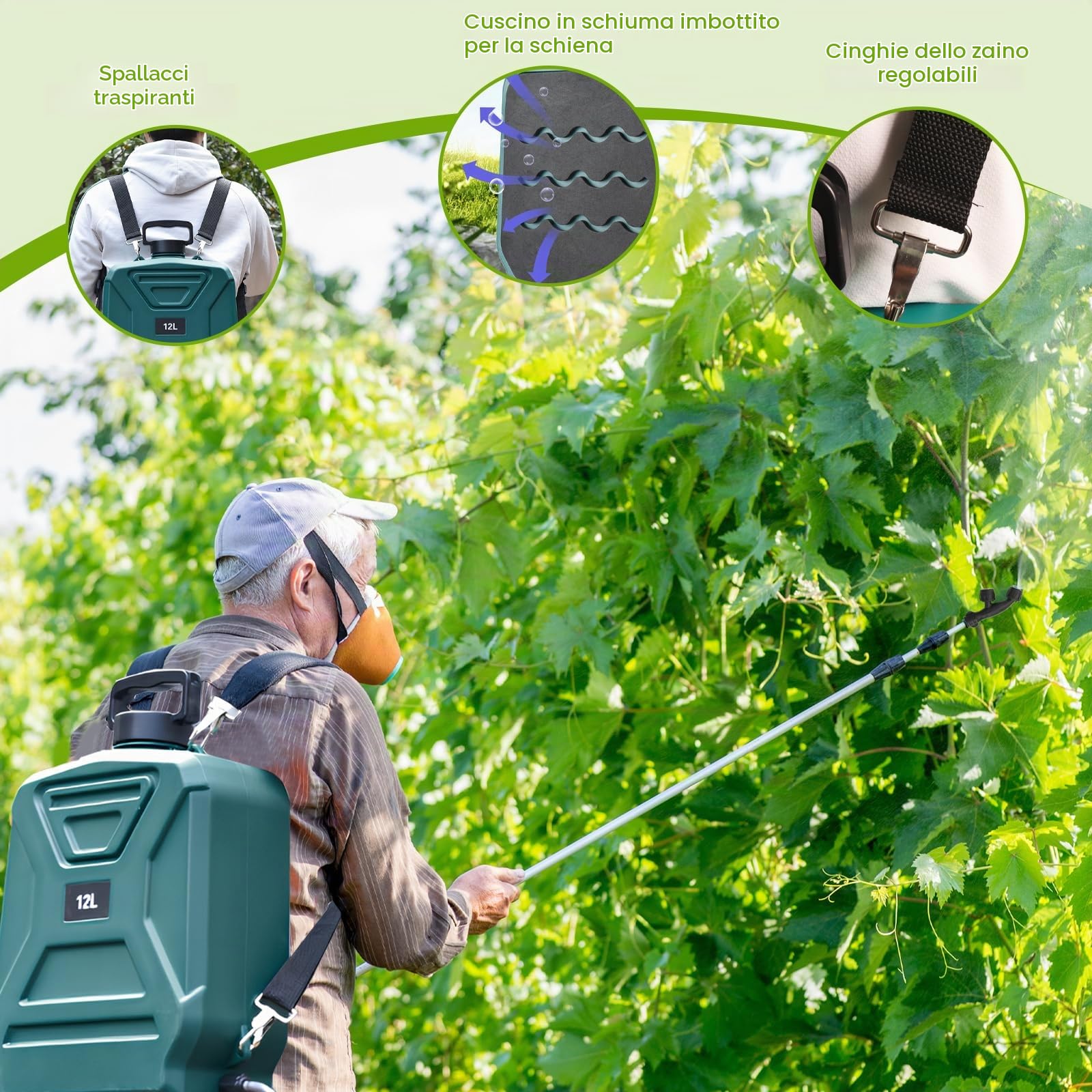 Irroratore a Batteria Nebulizzatore Elettrico 12L Pompa Irrigazione a Batteria a 2 Velocità Regolabile Pompa a Zaino per Giardino Piante