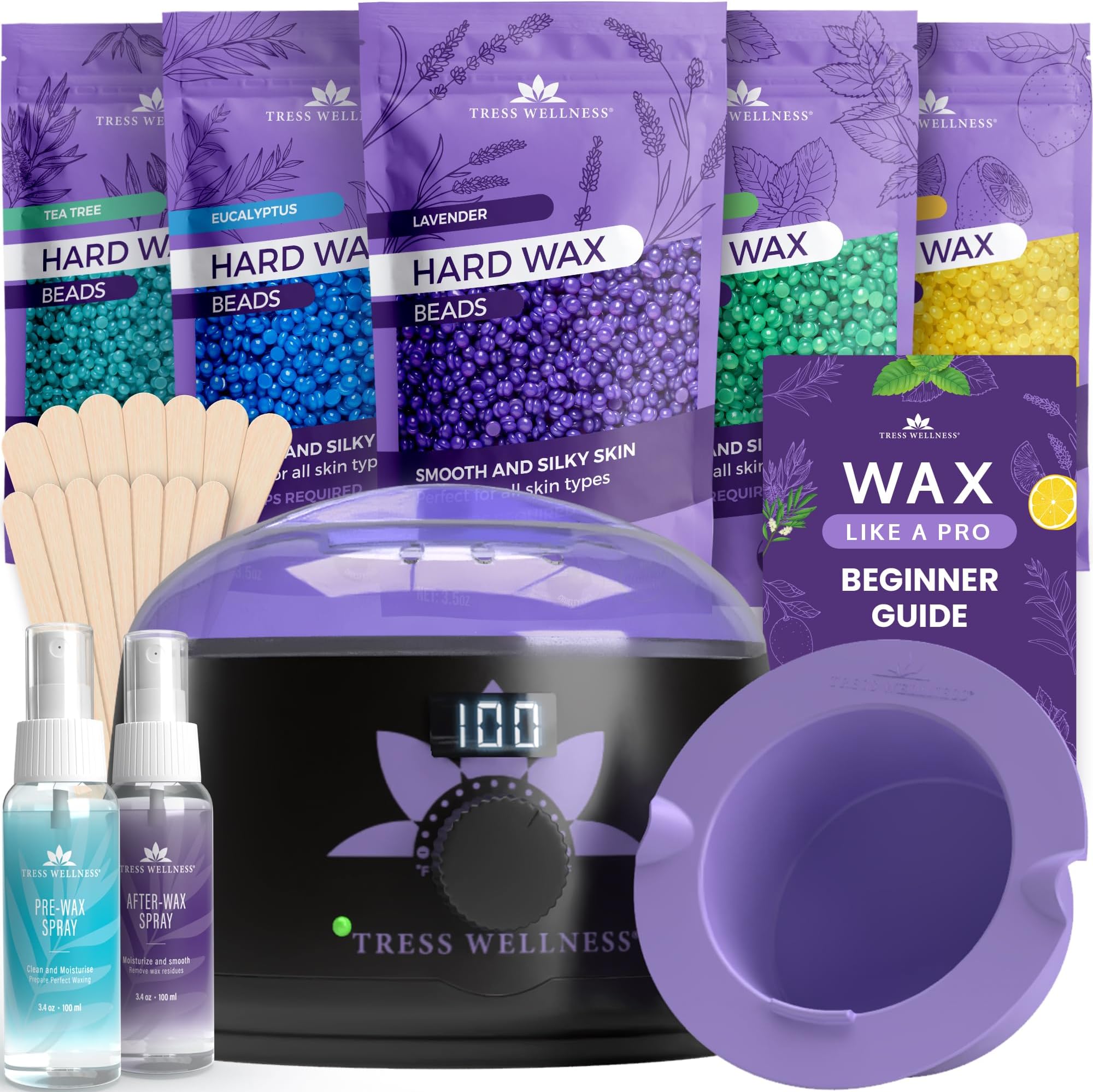 Tress Wellness Waxing Kit for Sensitive Skin, Safe for Face & Skin, Prep & Aftercare Spray, Easy to Use wax pot