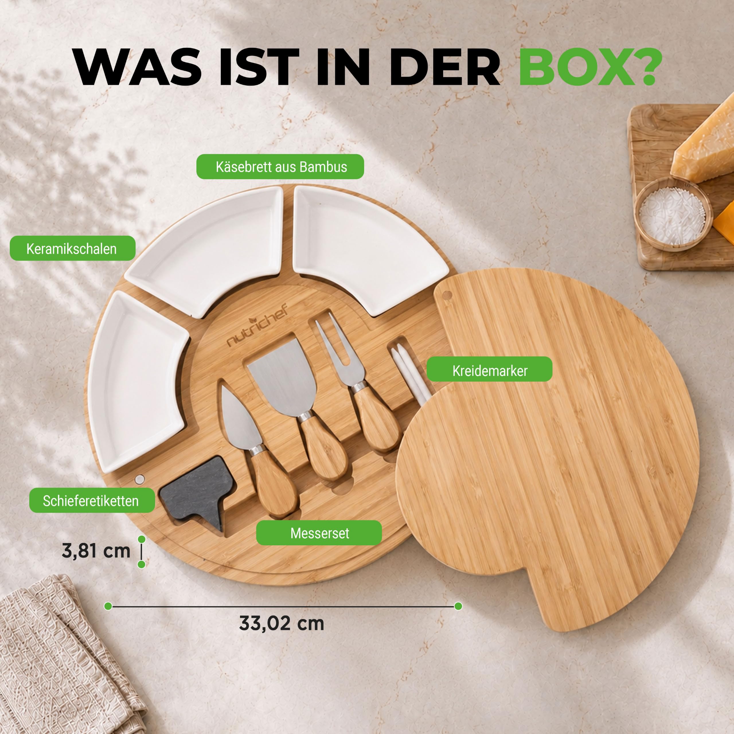 NutriChef Bambus Käsebrett Set - 33 cm Rund mit Schublade – Charcuterie Brett und Käseplatte mit Käsemesser Set, Servierbrett Geschenk für Hochzeit und Party