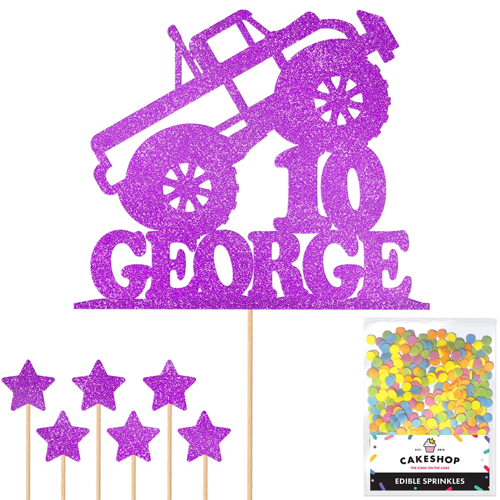 Personalised Monster Truck Glitter Cake Topper- Purple Any Custom Age & Name Glitter Cake Decoration and Sprinkles - Happy Birthday Decorations - Personalised Toppers for Cakes by Cakeshop