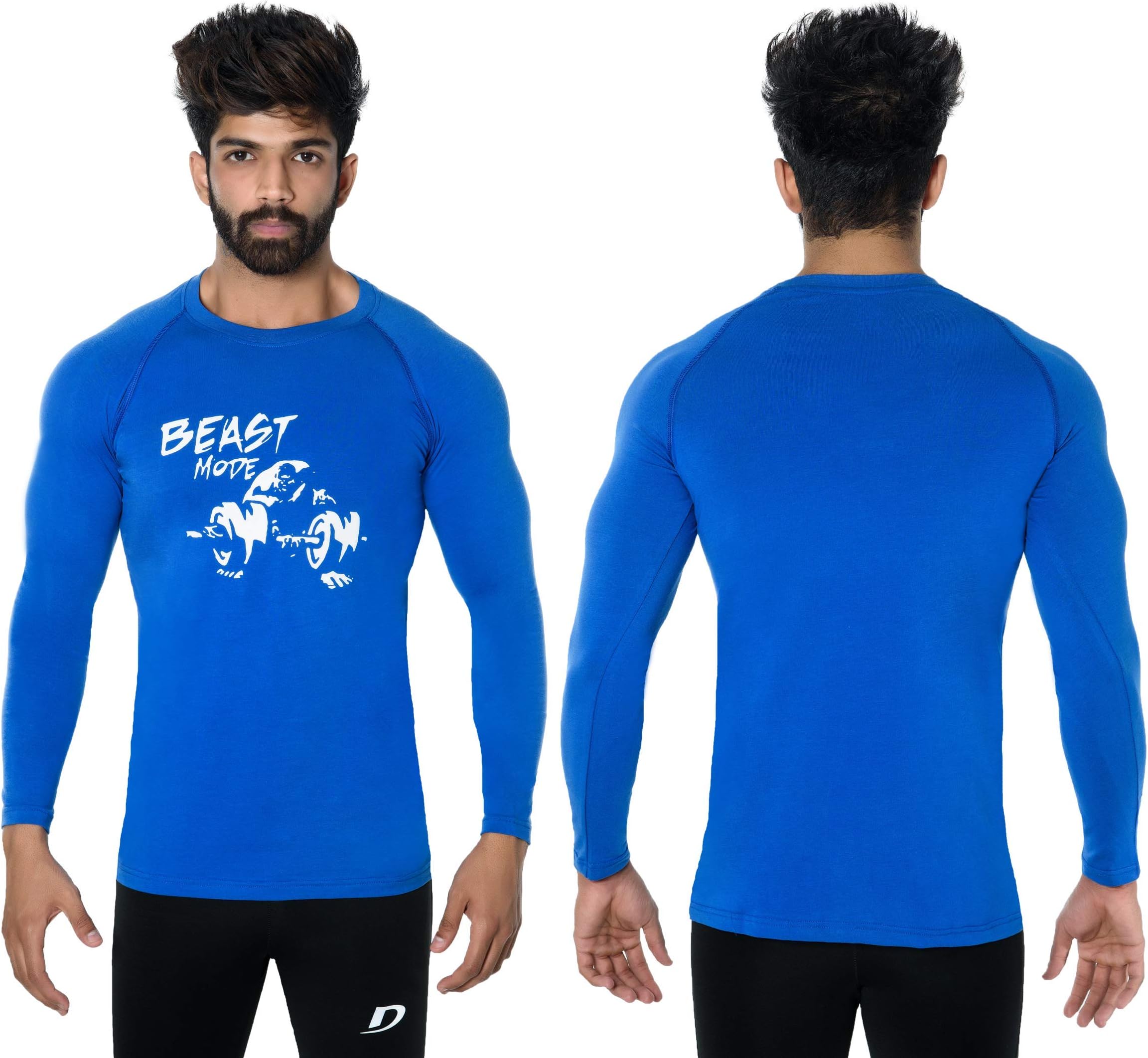 Full Sleeve Gym T Shirt, Workout T Shirt (Beast Mode) Royal Blue_White Print