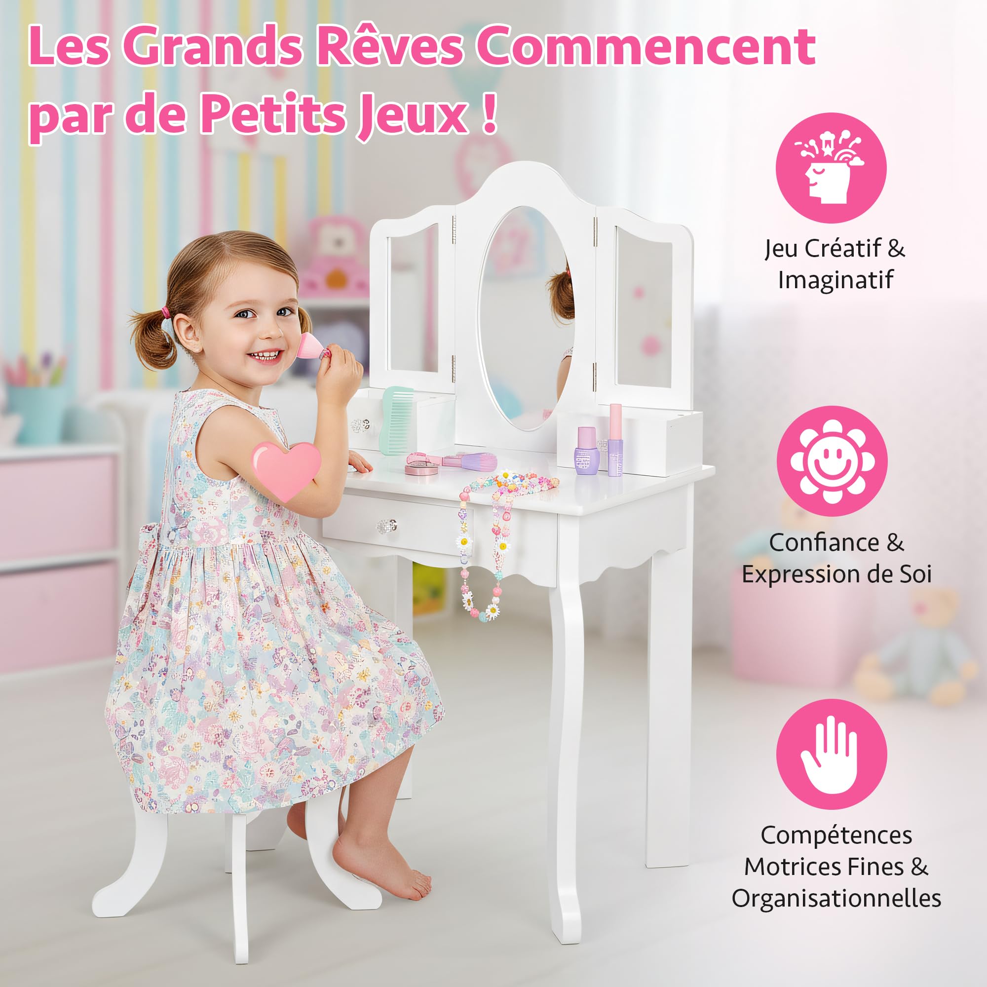 Green series Kinderplay Grande Coiffeuse en Bois pour Fille avec Miroir – Coiffeuse Blanche pour Enfants
