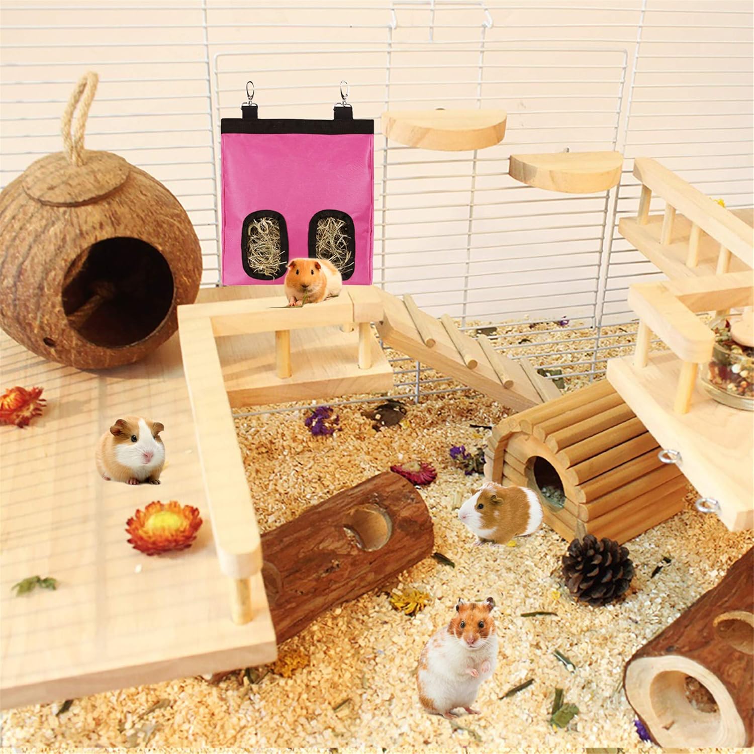 GeerDuo Rabbit Hay Feeder Bag, Guinea Pig Hay Feeder Storage ，Hanging Feeding Hay for Small Animals Larege Size 600D Oxford Cloth Fabric (M, Pink) : Pet Supplies