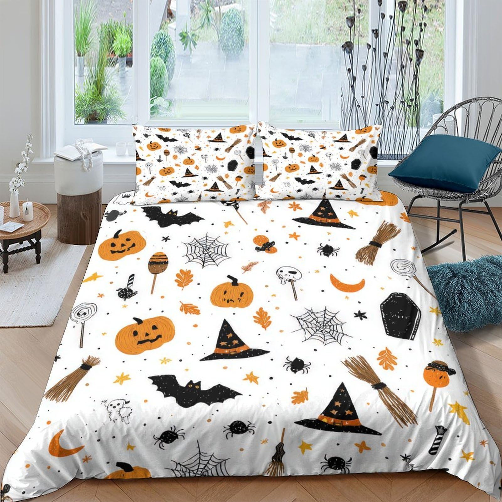 Ctjqhvkz Style-5 3D Printed Halloween Pumpkin Fitted Sheet Microfiber Soft Breathable Bat Witch Mattress Cover For Bedroom Dorm Home Decor Single（135X200cm）