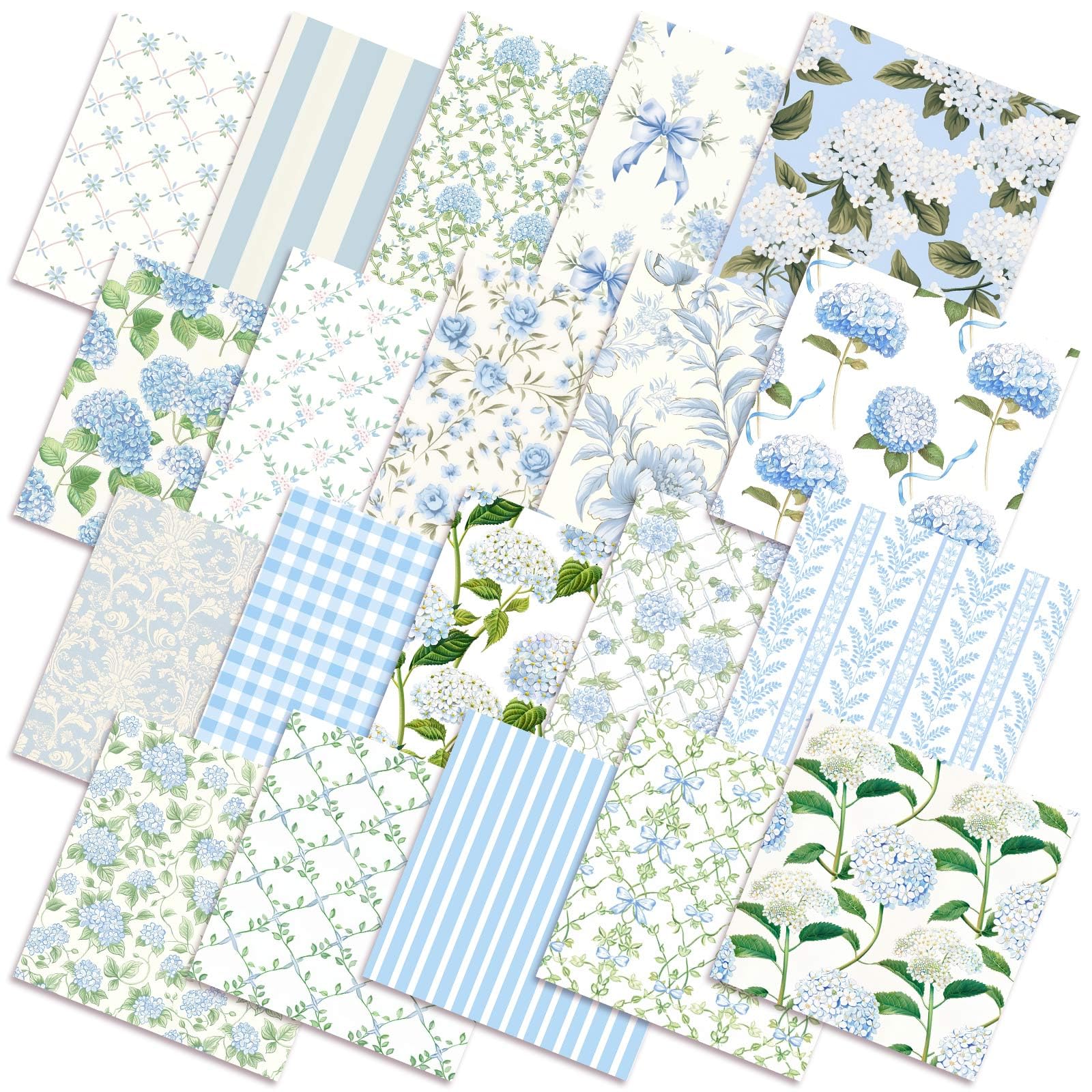 100 Pcs 5''x5'' Hydrangea Quilting Fabric Square Watercolor Dusty Blue Floral Precuts Quilted Fabric Blue Plaid Stripes Printed Patchwork Materials for Spring Summer Sewing DIY Crafts
