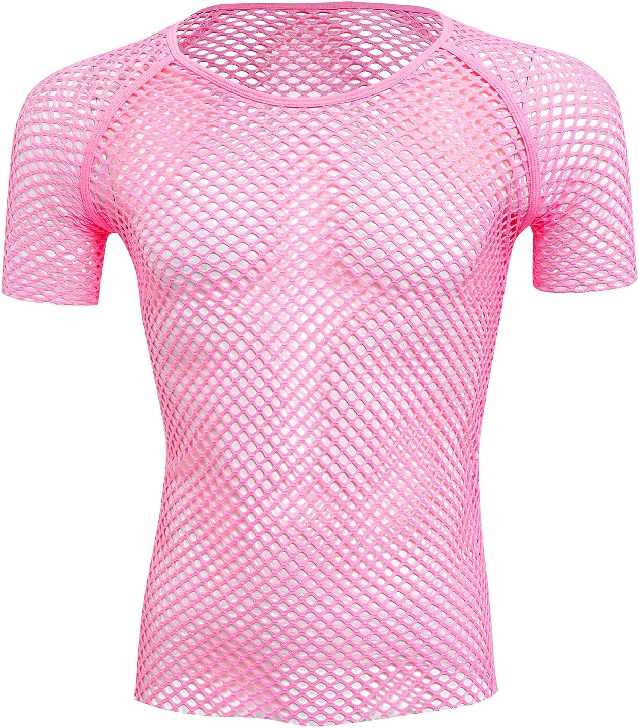 ABAFIP Men's Short Sleeve Fishnet Shirt Mesh Sheer Tank Top Muscle T-Shirt Undershirt Rave Clubwear Medium Pink