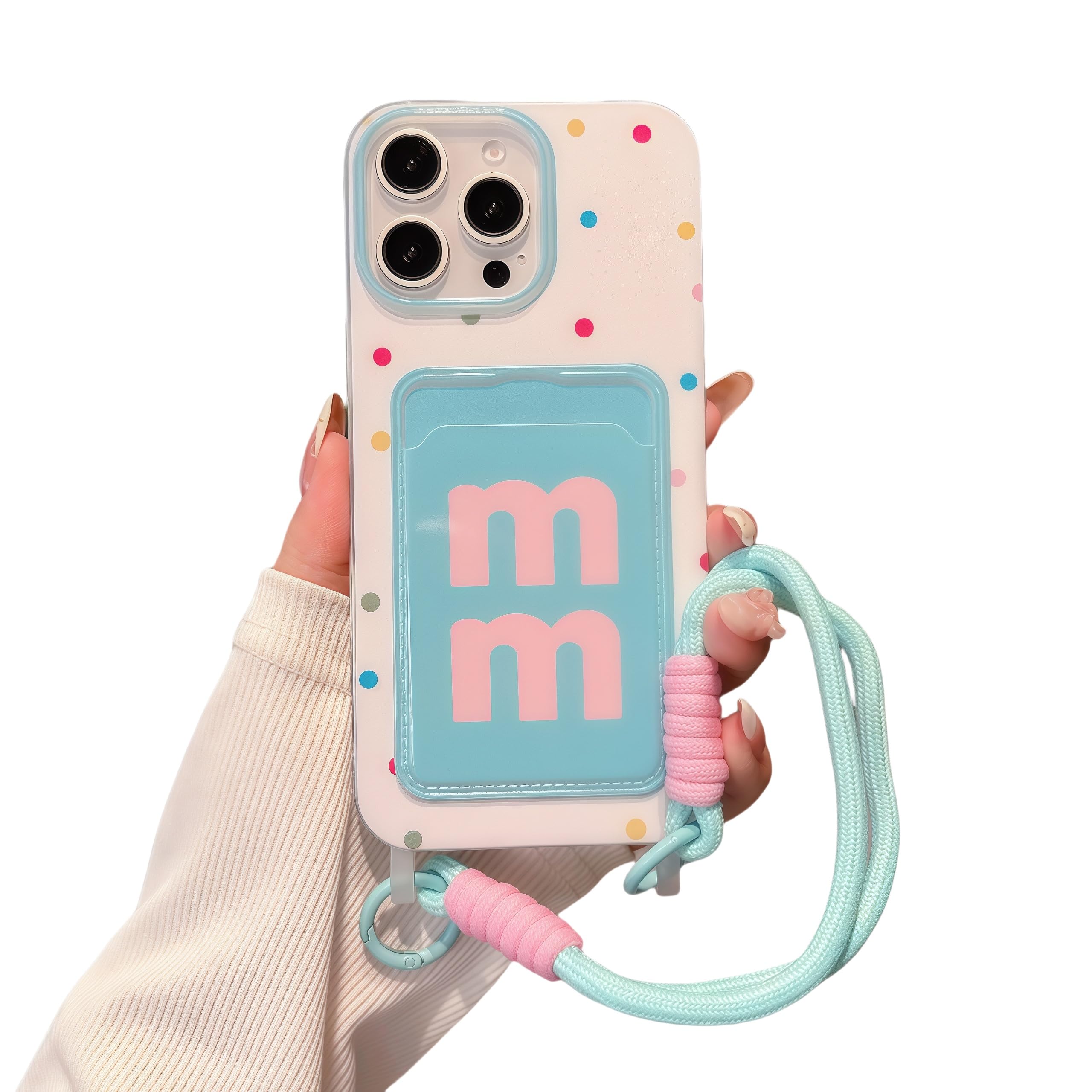 FXFOOT for iPhone 16 Pro Max Case [Cute M Letter Print Card Slot][ Soft Case] [with Anti-Drop Lanyard Strap] Stylish Colorful Dopamine Polka Dots