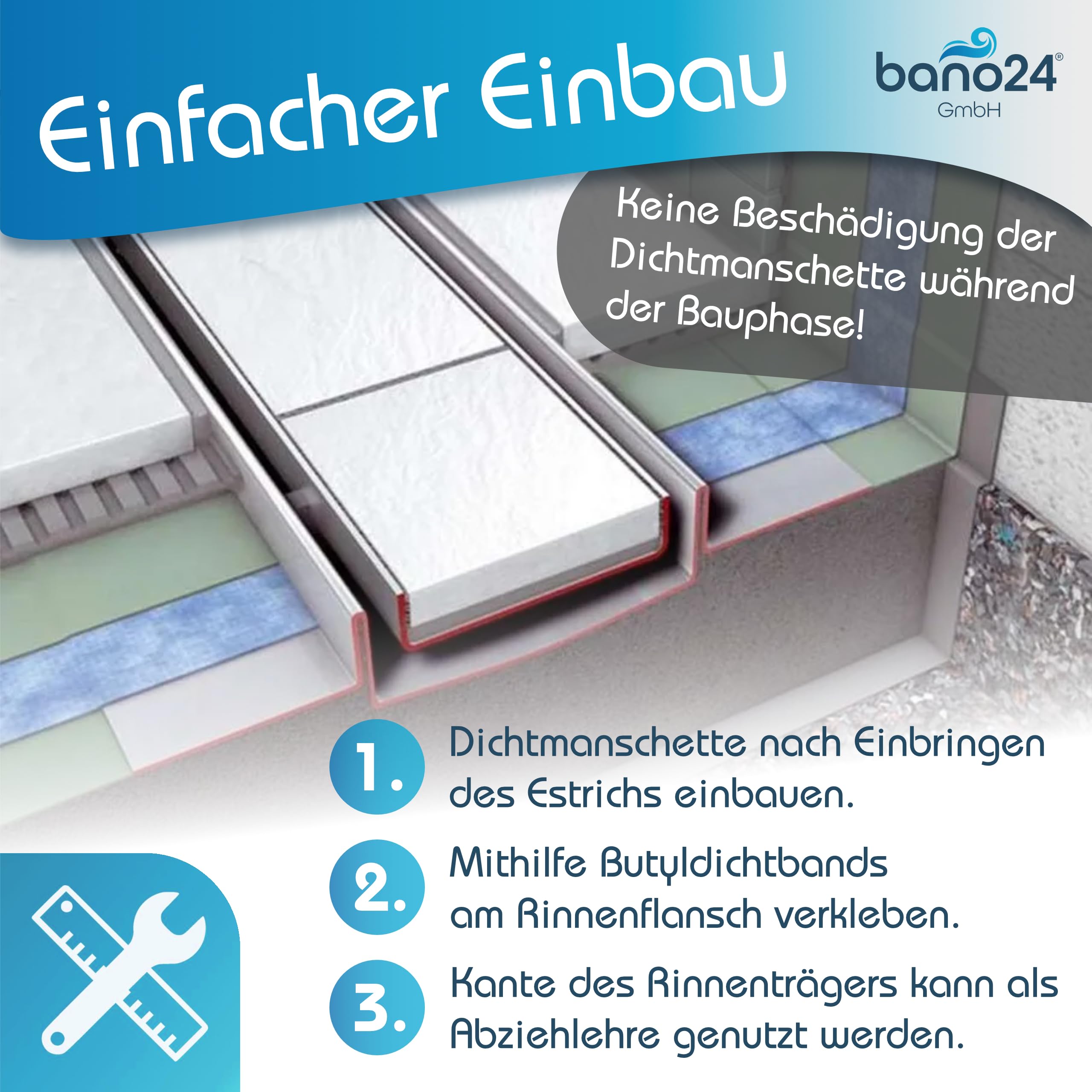 Edelstahl Duschrinne extra flach mit Ablauf & Siphon (70cm, Höhe 53mm) - waagerechter Duschablauf Komplettset Vollabdeckung - Duschabfluss & Duschablaufrinne mit passender Dichtmanschette