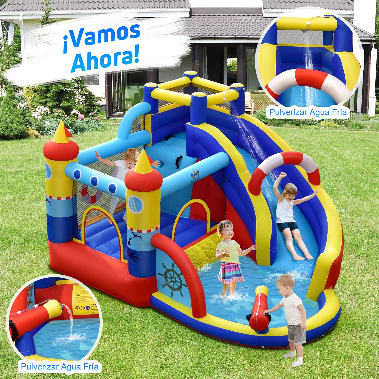COSTWAY Castillo Hinchable Acuatico, 6 en 1 Castillo Hinchable para niños 3-10 Años con 3 Niños, 360X290X200CM, Seco y Agua, Insuflavel Crianças Interior Exterior (sin soplador)
