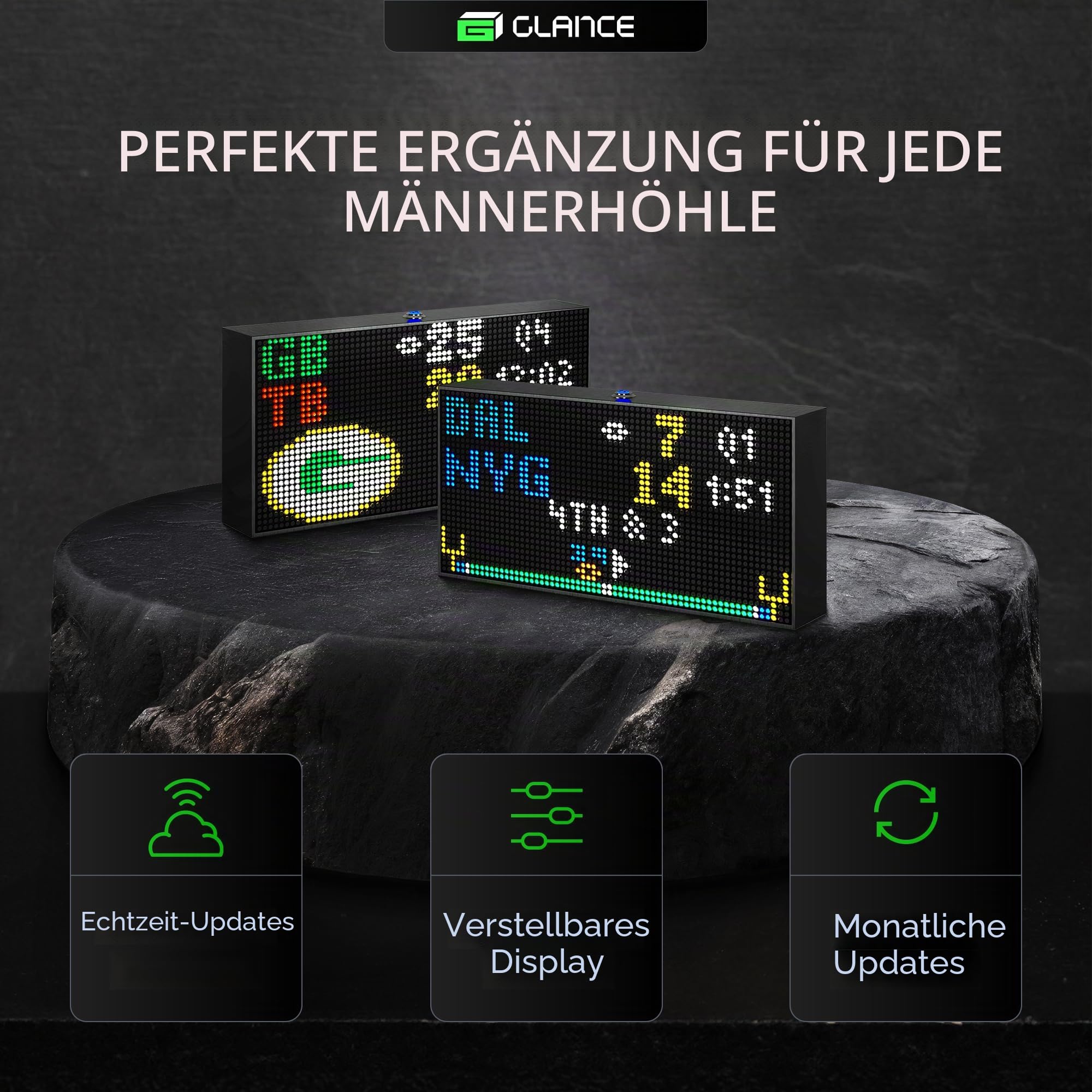 Glance LED Sport Ticker | 20,3 x 10,2 cm | Stock- und Crypto-Display | Digitales Retro-Uhrdisplay | Uhr