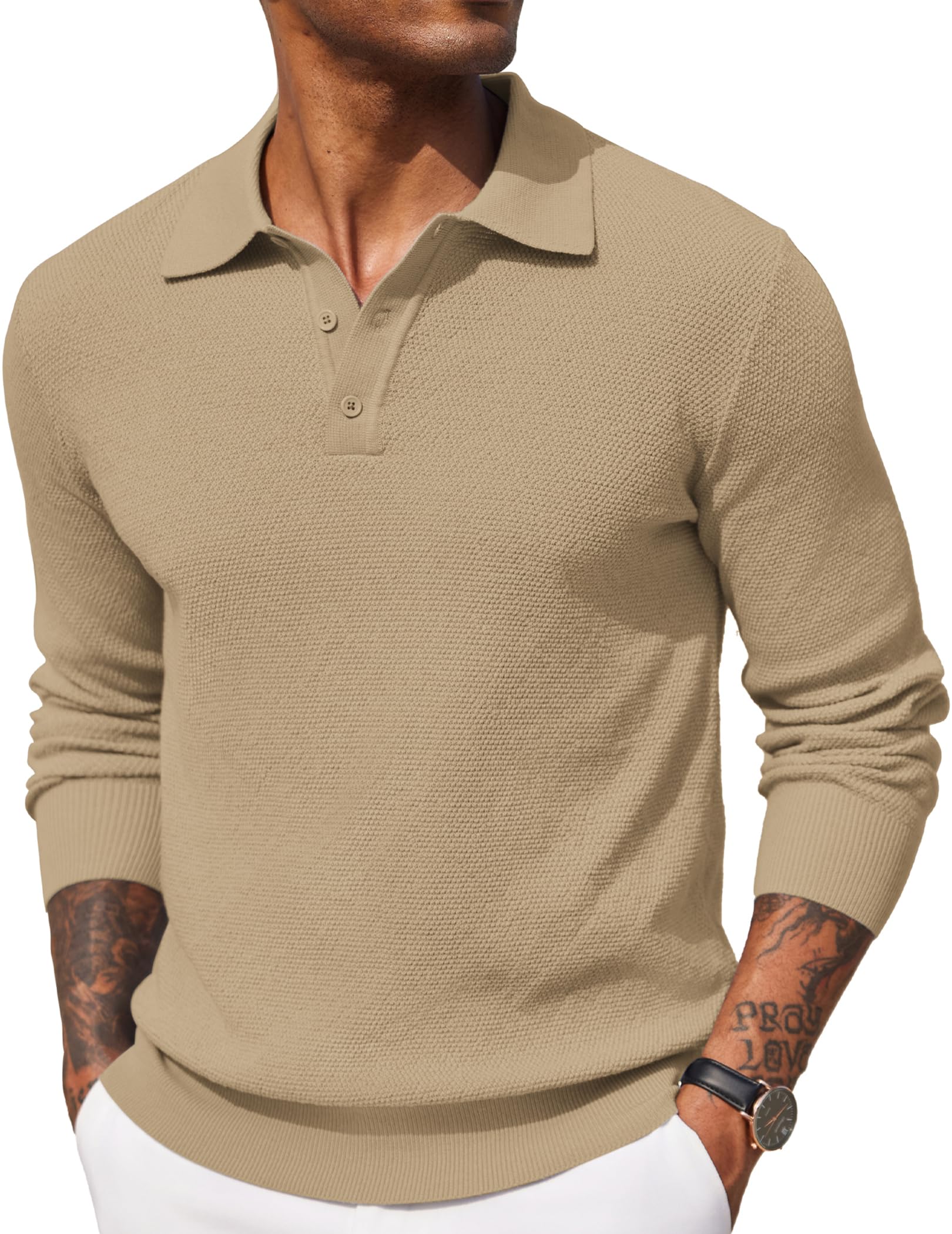 COOFANDY Herren Poloshirt Langarm Feinstrick Polo Pullover Einfarbig Strickpullover