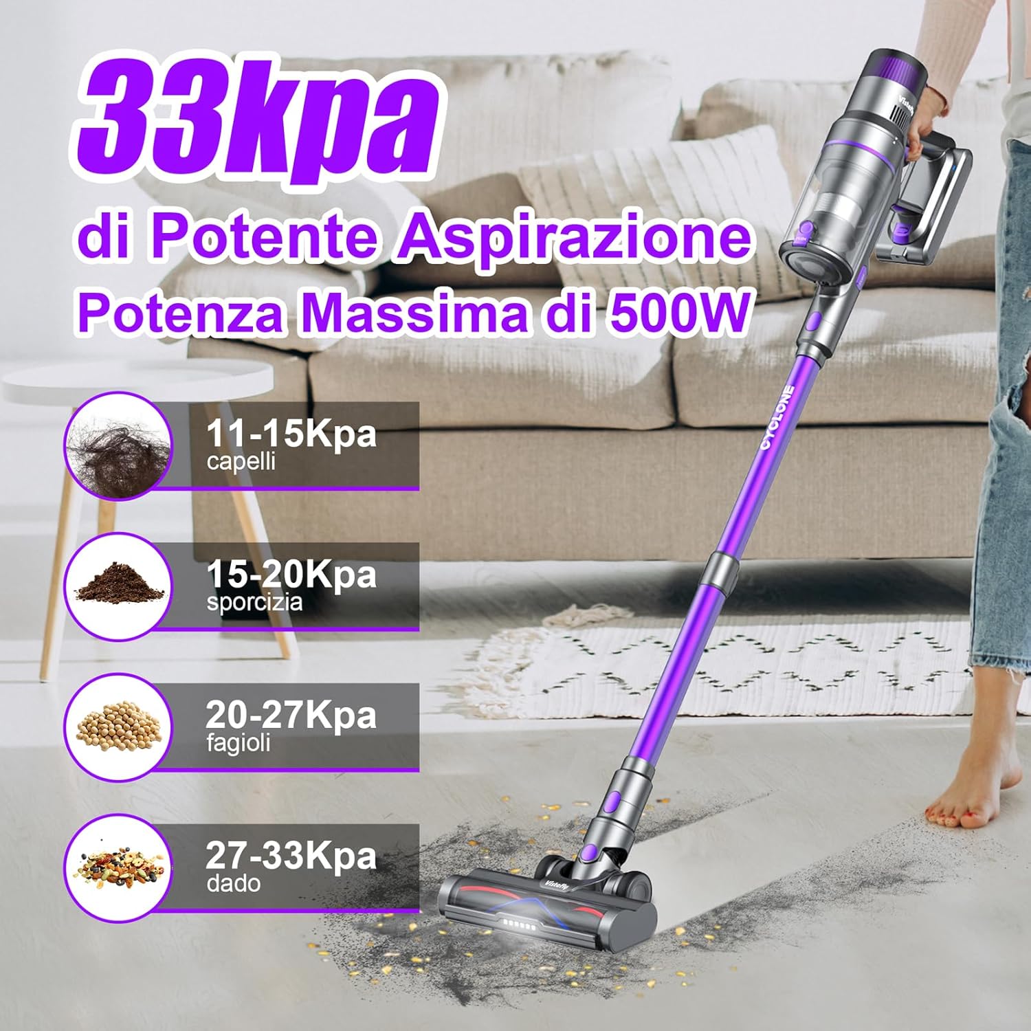 Vistefly V15 MAX Aspirapolvere senza Fili, 33Kpa 500W Scopa Elettrica Potente 4 in 1, Sensore di Polvere Intelligente Autonomia 60 Min Aspirapolvere per Peli Capelli Pavimento Tappeti [Classe di efficienza energetica A+++]