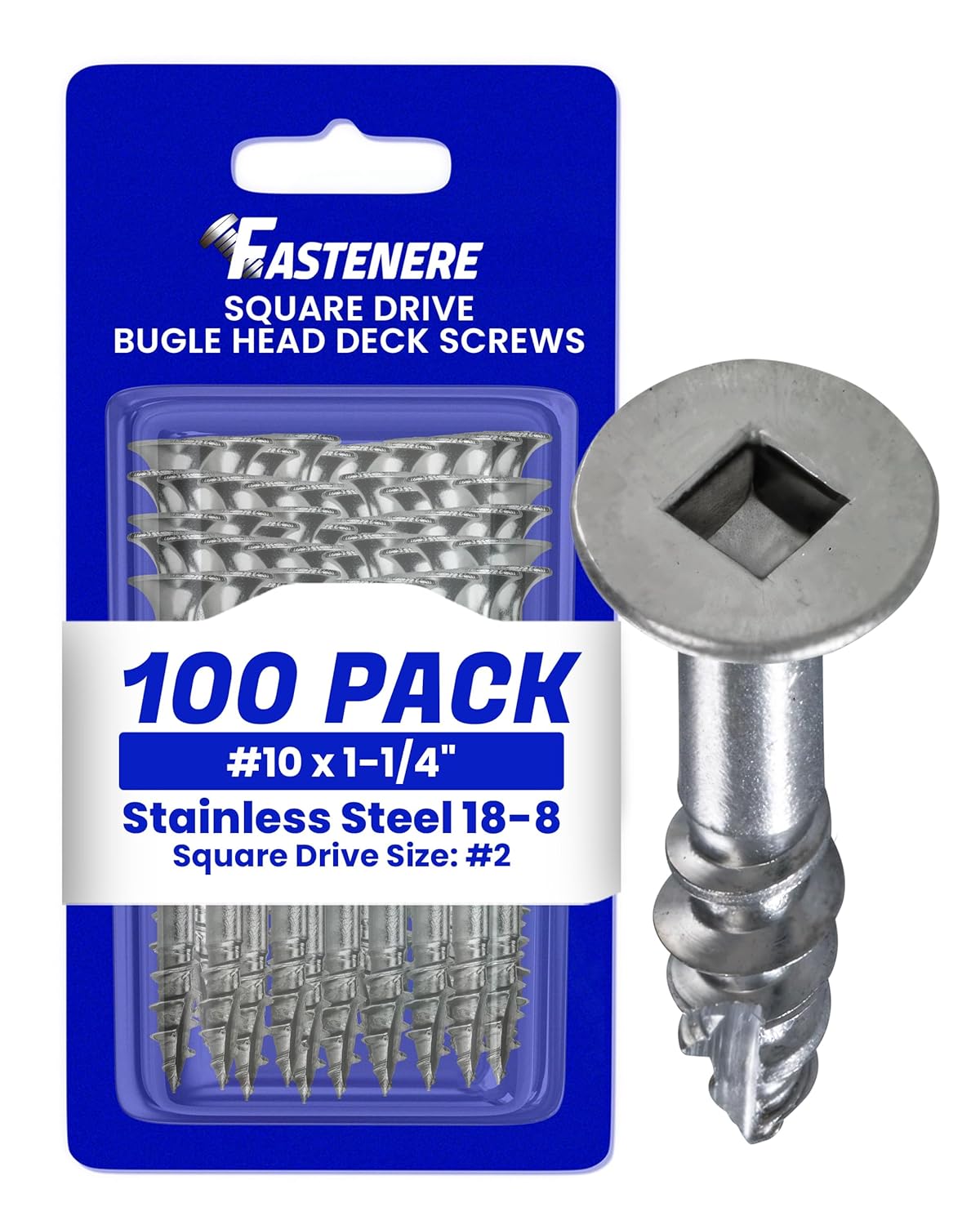 Fastenere Stainless Steel 18-8 Deck Screws - #10 x 1-1/2" (100 Pack) Wood Cutting Point, Square Drive, Partial Thread, Bright Finish for Wood, Exterior, Decking, Composite, Fencing, Type 17 Point