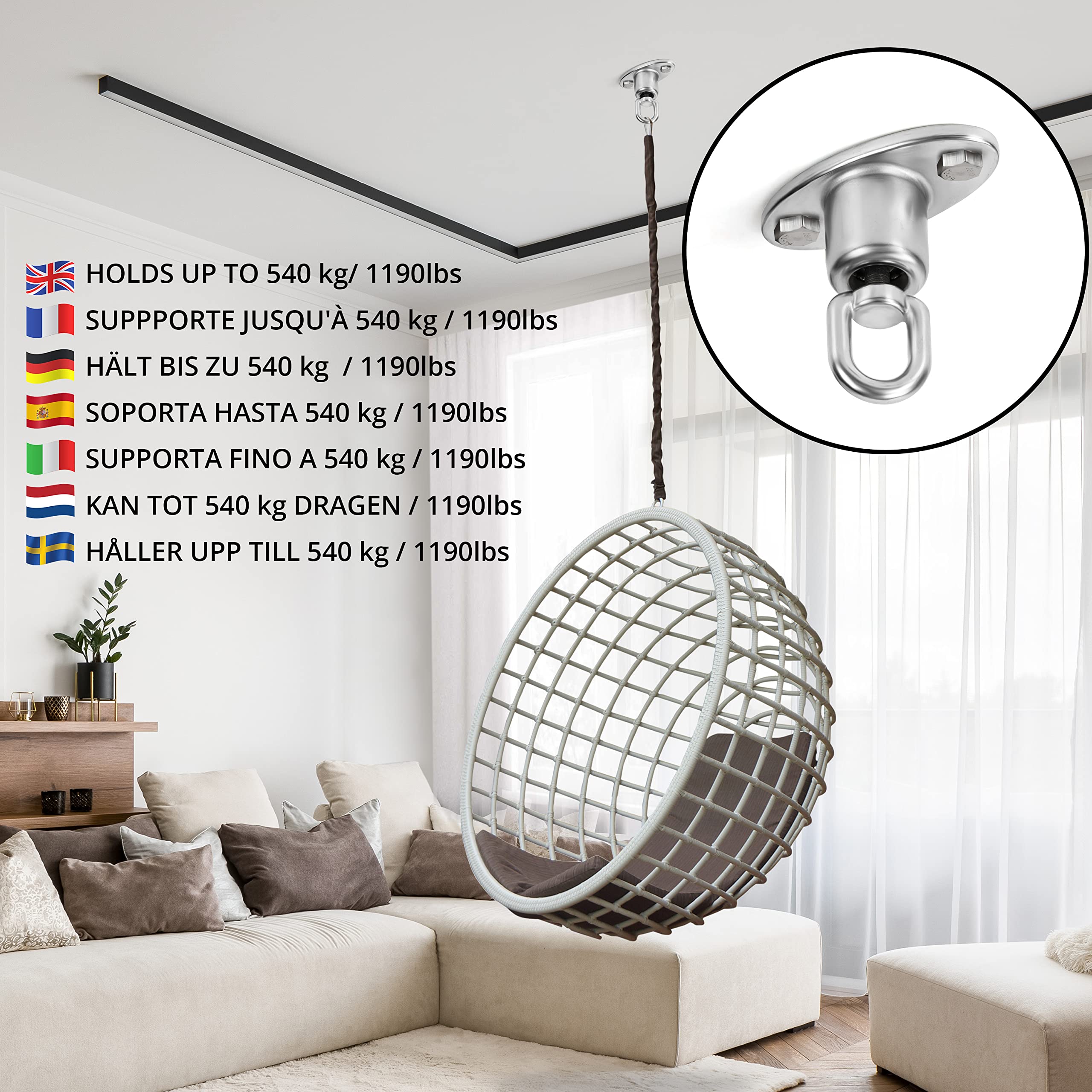 Belle Vous Mocowanie Huśtawki do Dużych Obciążeń z Łożyskiem Kulkowym - Obracany o 360 Stopni Stal Nierdzewna, Hak Sufitowy ze Śrubami - Nośność 540 kg - Mocowanie Wiszących Foteli, Hamaków Jogi