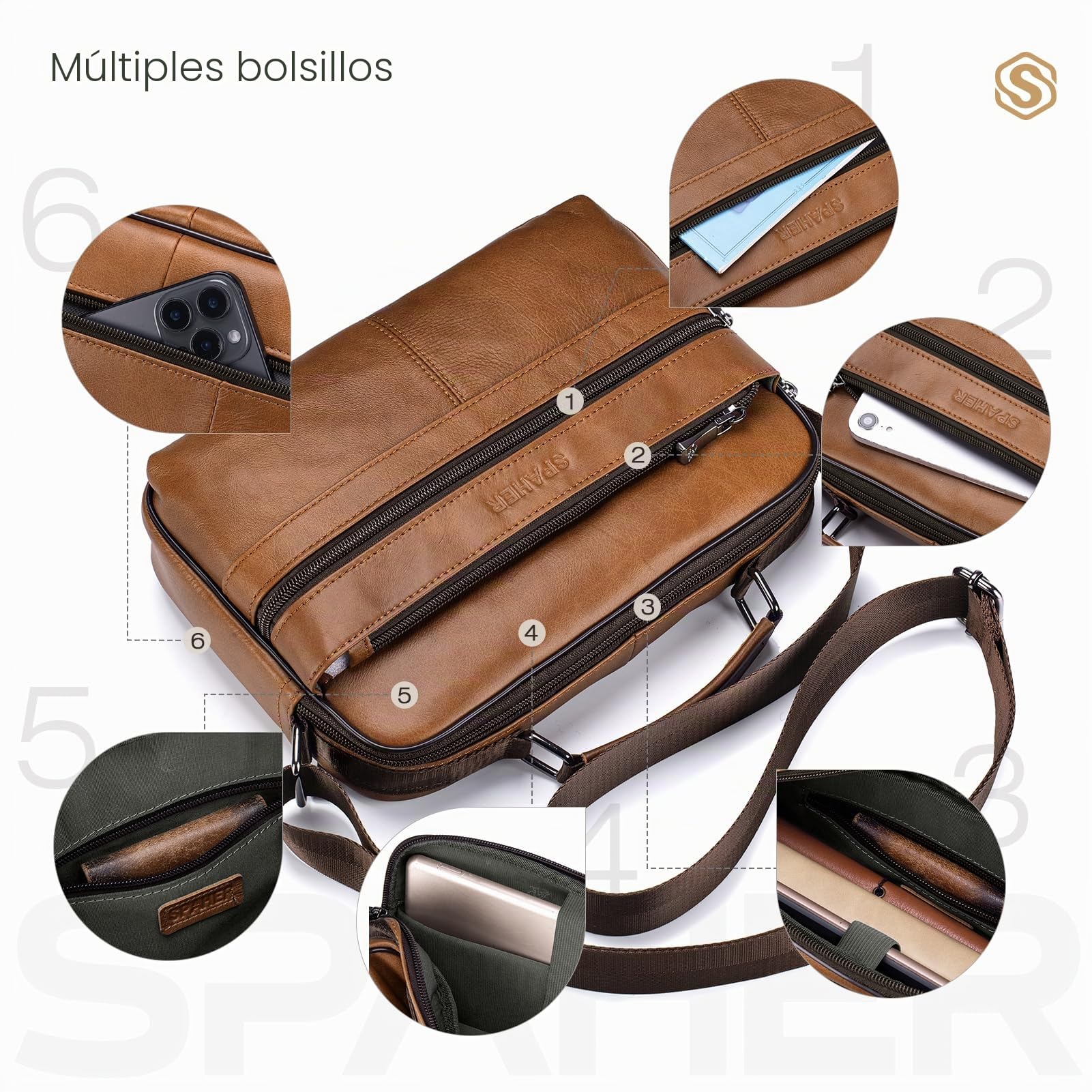 SPAHER Bolso Hombre Bandolera Piel Grande Bolso Caballero Bandolera Cuero Hombre Bolso Bandolera Hombre Bolsos Hombre de Cuero Mariconeras para Hombres Bolsos de Hombre Bandolera Man Bag