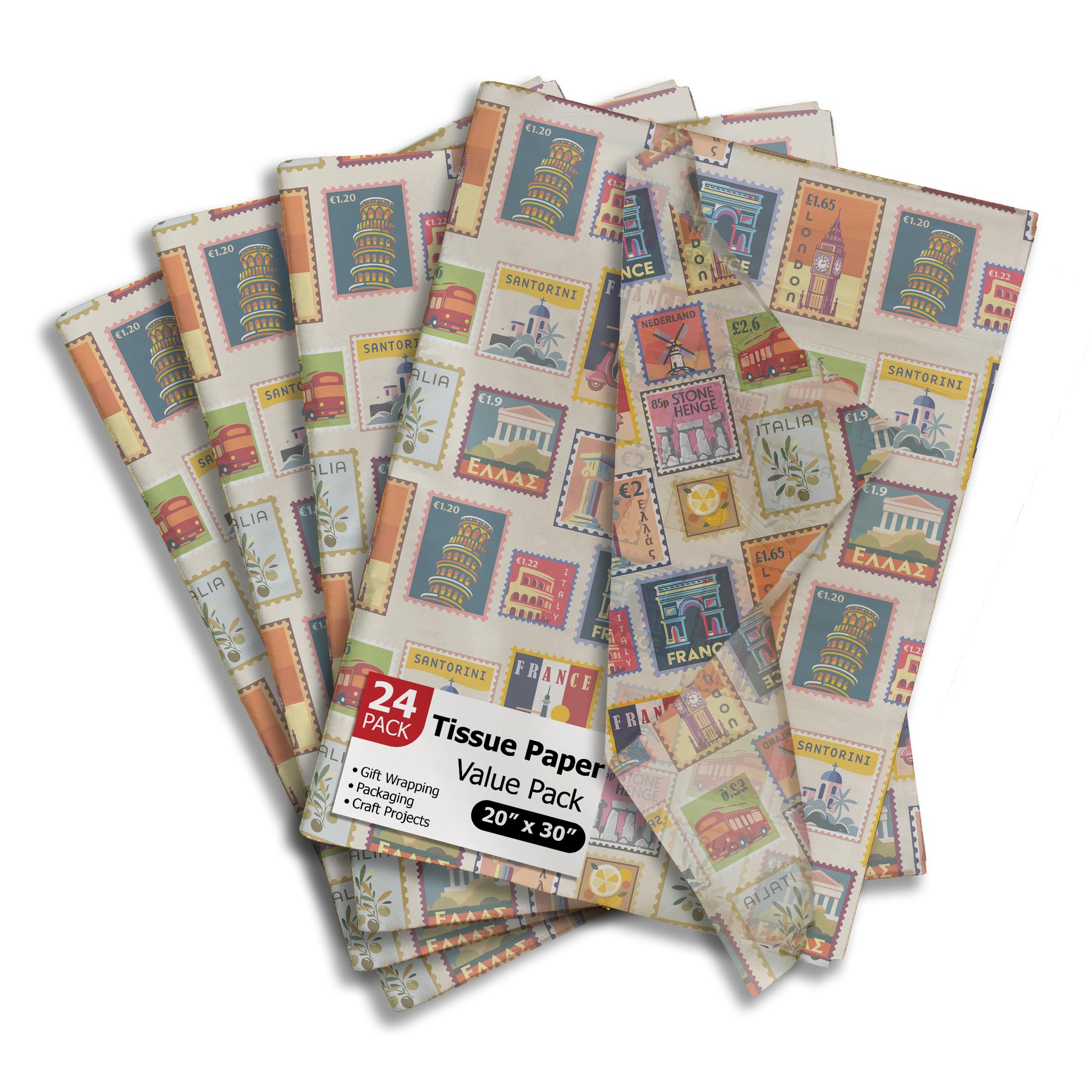 Pro Supply Global Stamps Printed Tissue Paper for Birthday Party Gift Bags or Boxes and Wrapping - Bulk Decorative Art Tissue Paper for Packaging and Gifting | 24 Sheets 20" x 30" — image 1