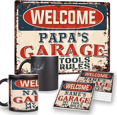 Welcome PAPA'S Garage My tools My rules - Tazas de posavasos con letrero personalizado, estilo rústico, vintage, retro, cocina, bar, pub, cafetería,