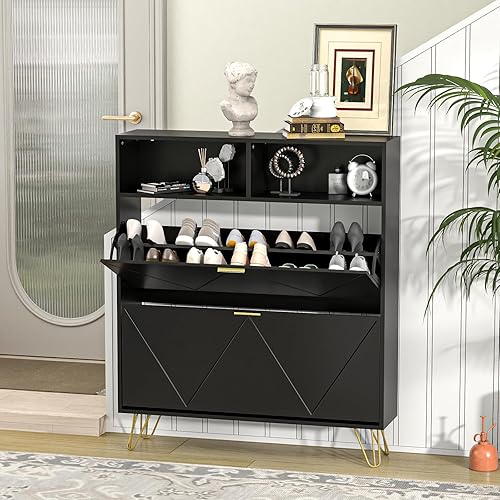 Vista 33 de JOZZBY Armario de zapatos para entrada, armario de almacenamiento de zapatos estrecho negro con 2 cajones abatibles y estantes abiertos, organizador