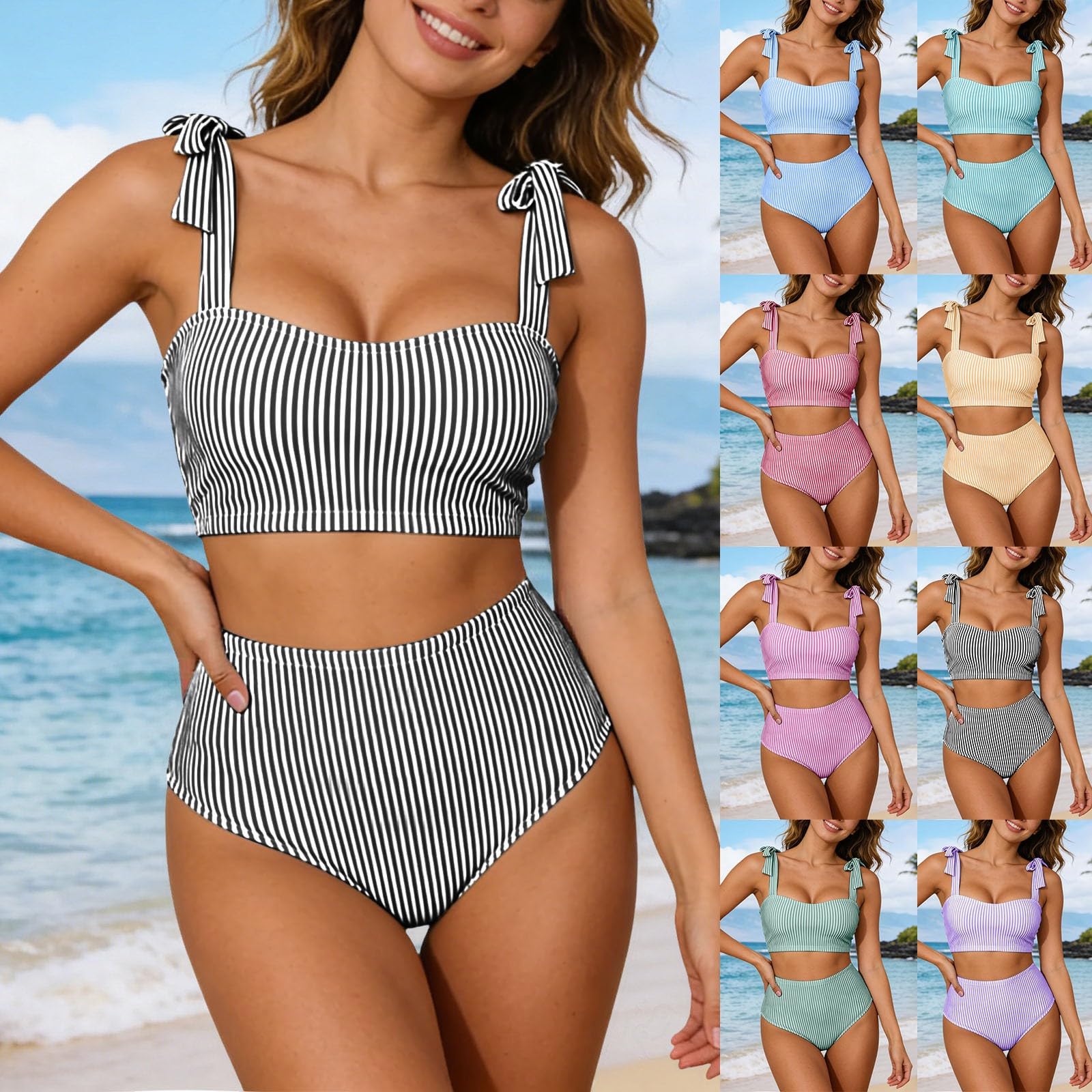 Maillots de Bain Femme Deux Pièces, Imprimé Rayures Verticales Push Up Rembourré Haut à Nœud Ajustables Chic Taille Haute Bikini Set Col V Élégant Bretelles Réglables Été Ensemble Swimwear