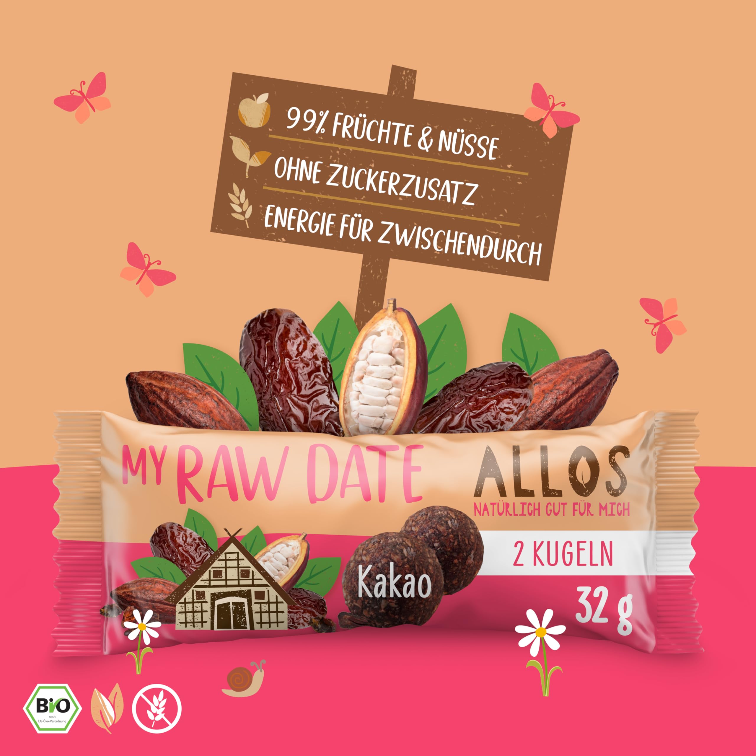 Allos My Raw Date Kakao | Bio Bliss Balls / Energy Balls | 18 x 32g | Energy Balls mit Kakao | 100% Bio & vegan | praktischer Snack für unterwegs