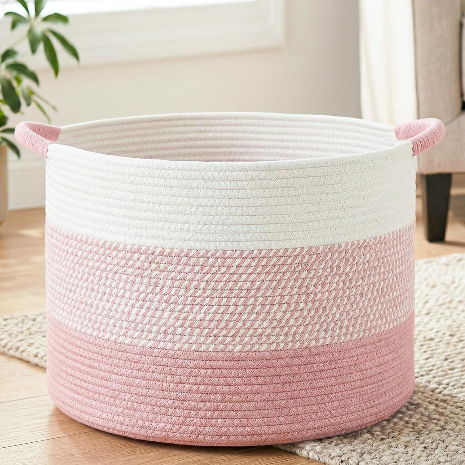 100L Large Cotton Rope Basket, Decorative Woven Blanket Storage for Living Room, Boho Toy Storage & Toy Box for Kids, Versatile Laundry Basket & Nursery Hamper for Blankets(Pink)