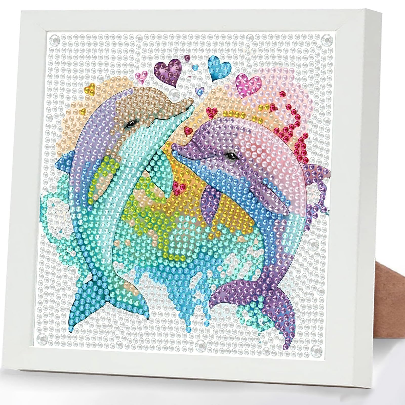 GHHKUD Dolphin Diamond Art Kits for Kids with Frame, Animal 5D Diamond Painting Kit for Kids Adults, Crystal Small Diamonds Gem Art Crafts Kits Gift for Girls Boys Children Ages 6-8-12(7x7inch)