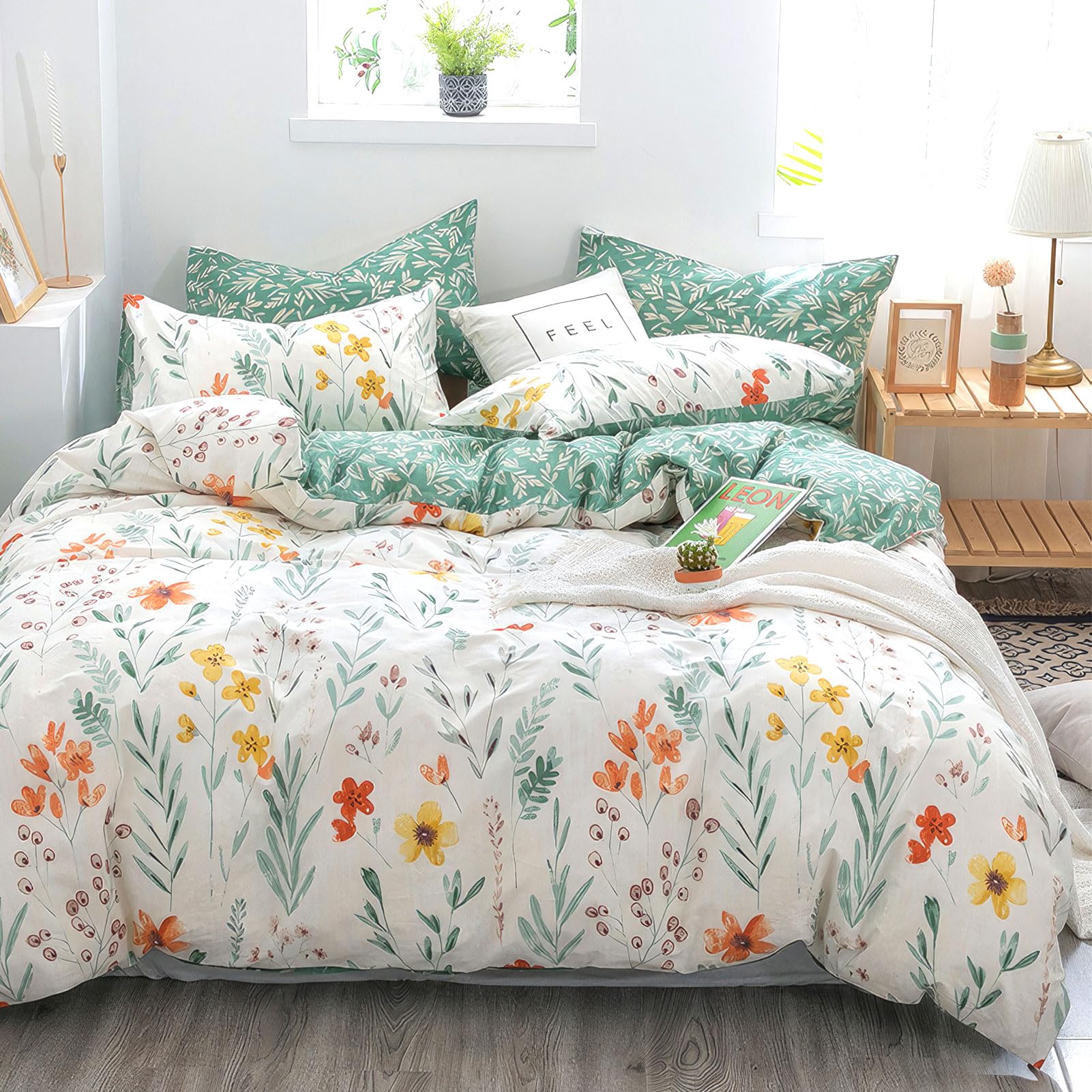 KEAYOOFlower Bed Linen 155 x 220 cm with Zip - 80 x 80 cm Pillowcase - Green White Great Cotton Bed Linen for Summer to Winter (155 x 220 cm, Floral A)