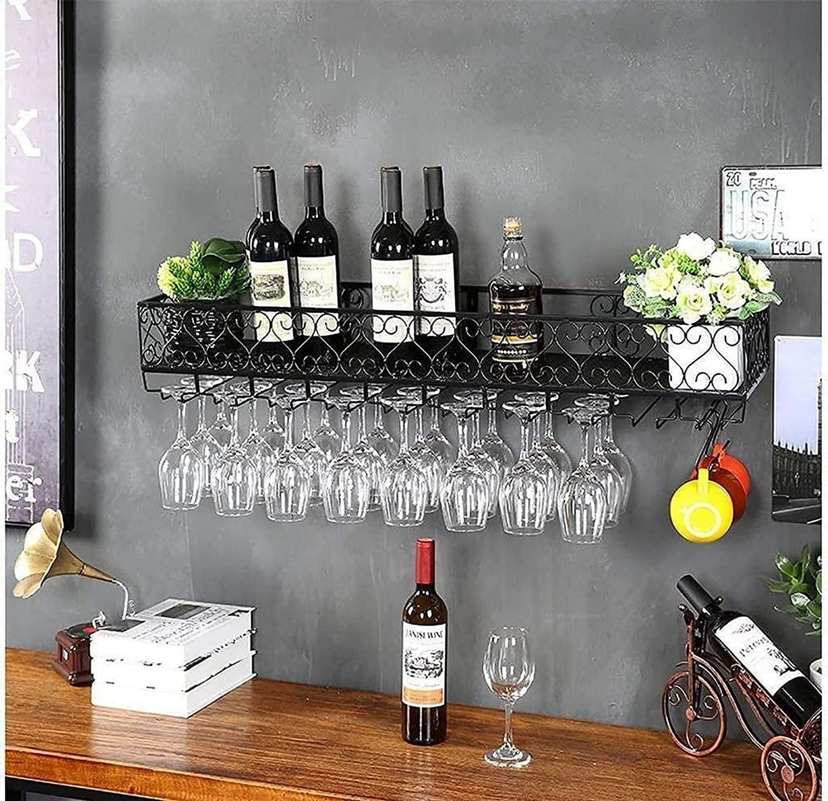 Porte-bouteilles à vin mural avec porte-verres suspendu noir 120x25cm