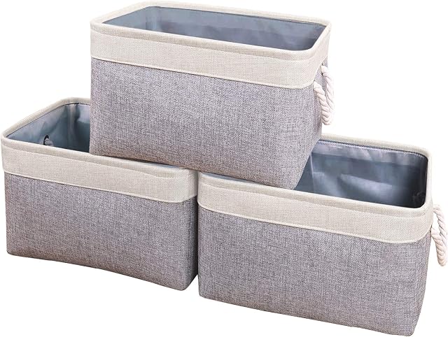 Yawinhe Foldable Storage Basket 3 Pack, Collapsible Storage Bins with Rope Handles, Wardrobe Organiser, for Sorting Clothes, Books, Toys, Family Items, 37x25x17cm, Beige/Grey, SNK004WGM