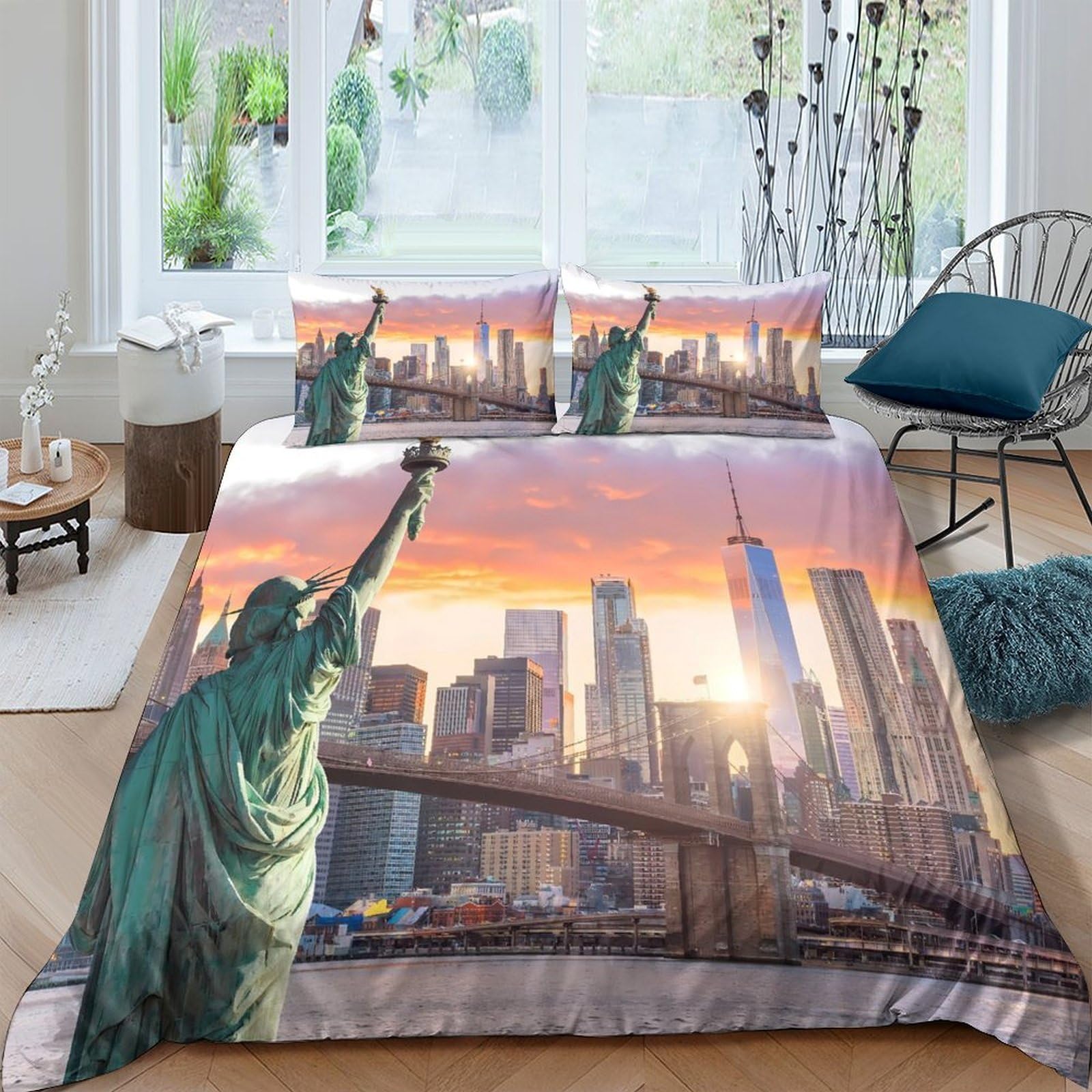 Ctjqhvkz Style-9 3D Printed New York Skyline Fitted Sheet Microfiber Soft Sunset Statue Of Liberty Bed Cover For Bedroom Decor Single（135X200cm）