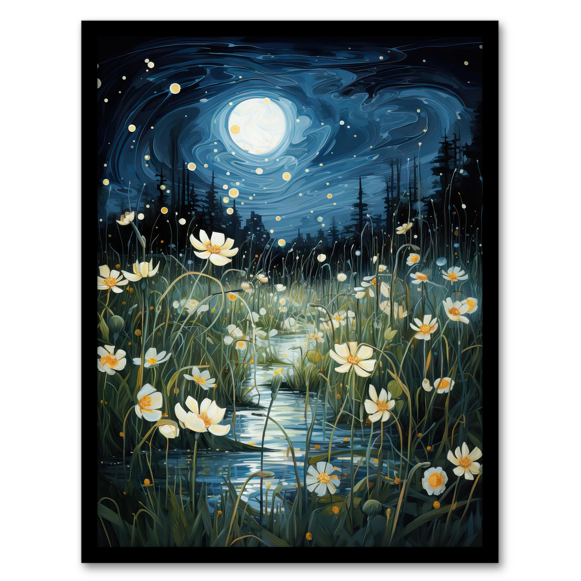 Artery8 Moonlit Dancing Fireflies By Buttercup Brook Artwork Full Moon Night Moonlight Artwork Framed Wall Art Print A4