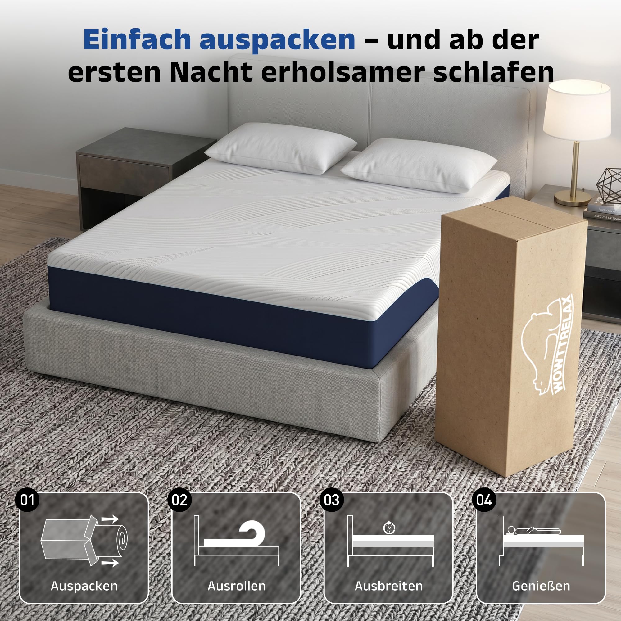 wowttrelax Matratze 90x200 cm, 7-Zonen, Höhe 20 cm, Bequem luftdurchlässig | Gel-Memory-Schaum Matratze, abnehmbar waschbarer Bezug, OEKO-TEX & CertiPUR-US zertifiziert, atmungsaktiv hautschonend