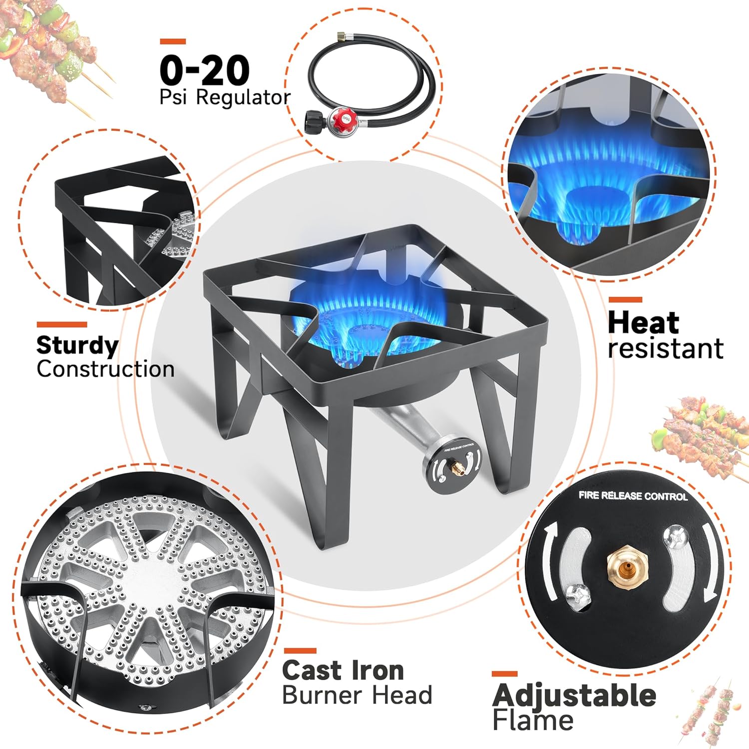 Propane Burner, 200,000 BTU High Pressure Gas Stove with 0-20 PSI Regulator, Portable Camping Stove Outdoor Propane Stove for Camping, Turkey Fry, Backyard, Outdoor Cooking