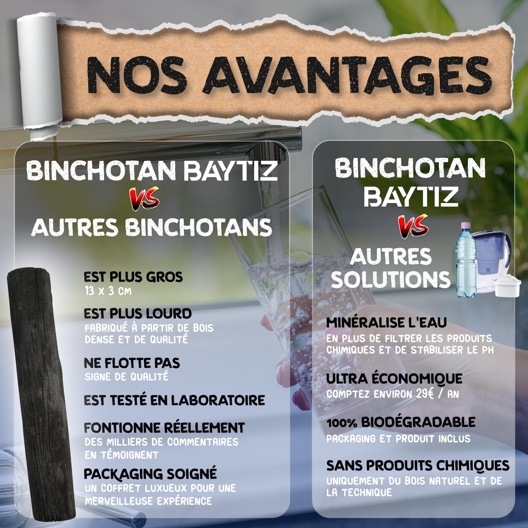 BAYTIZ ® Filtre à Eau Végétal au Charbon Actif - Baton de Binchotan Bio x5 - Purifier l' Eau du Robinet - en Bois Naturel - Carafe Bouteille - Vrai Purificateur Verre Filtrante Écologique Filtres