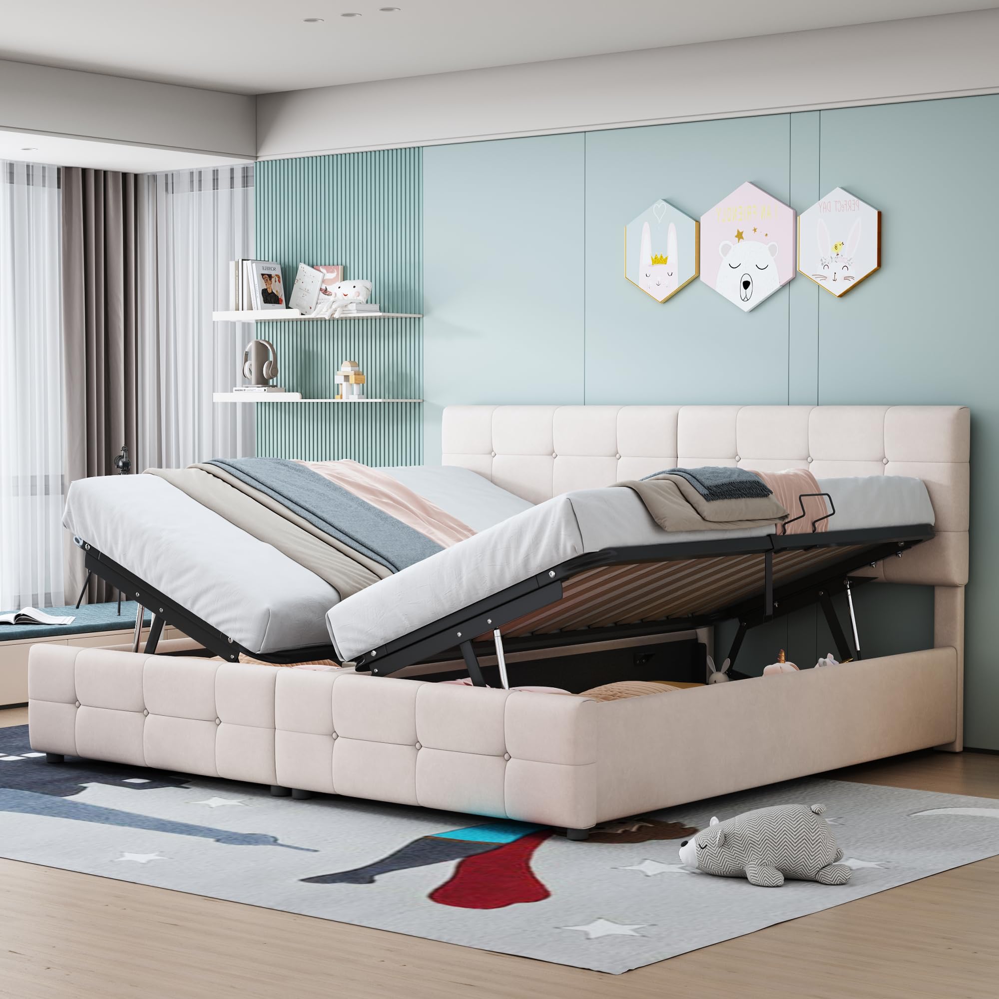 Kayan Letto a molle, 180 x 200 cm, con cassettone, letto matrimoniale imbottito con rete a doghe, telaio con vano portaoggetti, per camera da letto, letto funzionale, tessuto in velluto, senza