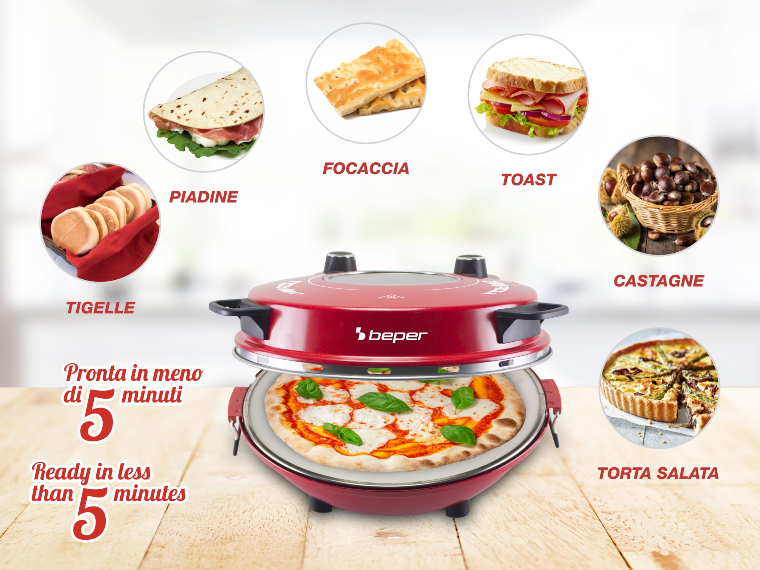 BEPER P101CUD301 Forno Elettrico per Pizza, 1200W, Temperatura 400°C, Piastra da 31 cm, Fornetto per pizza con Piastra Refrattaria Rimovibile, Oblò, Palette in acciaio, Rosso