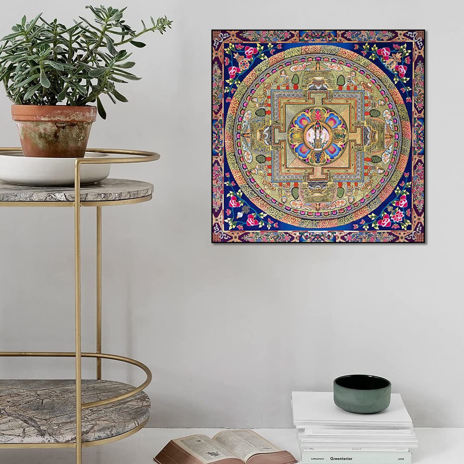 Pittura tibetana Thangka Fatta a Mano, Pittura murale Thangka Ricamata in Seta del Tibet con Kit Cornice Simboli di Buon auspicio Pittura Thangka Ricamata(50x50cm)