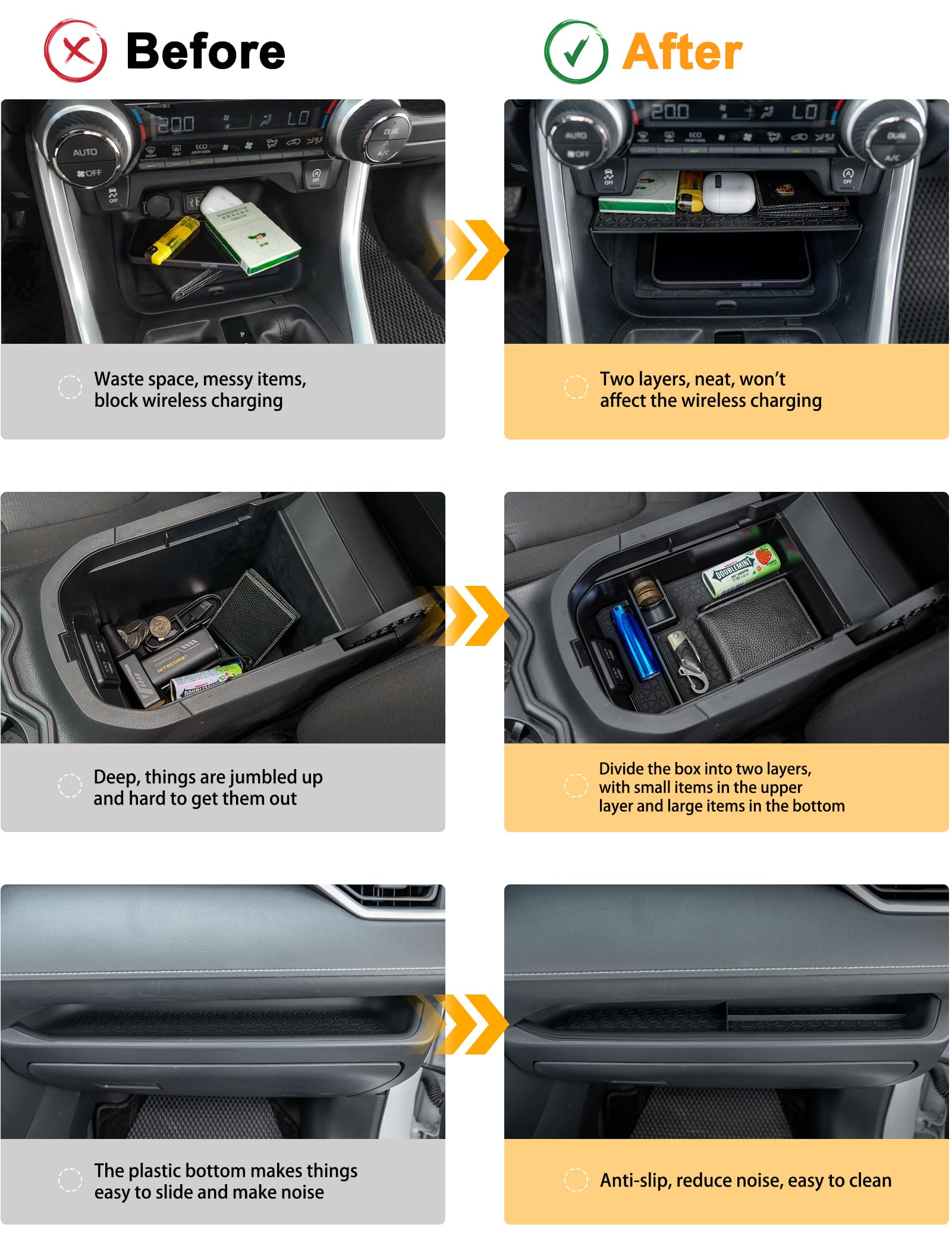 3 pezzi compatibili con Toyota RAV-4 accessori console centrale portaoggetti bracciolo vano portaoggetti organizer cuscinetto in gomma lato passeggero per accessori RAV4 2019-2025