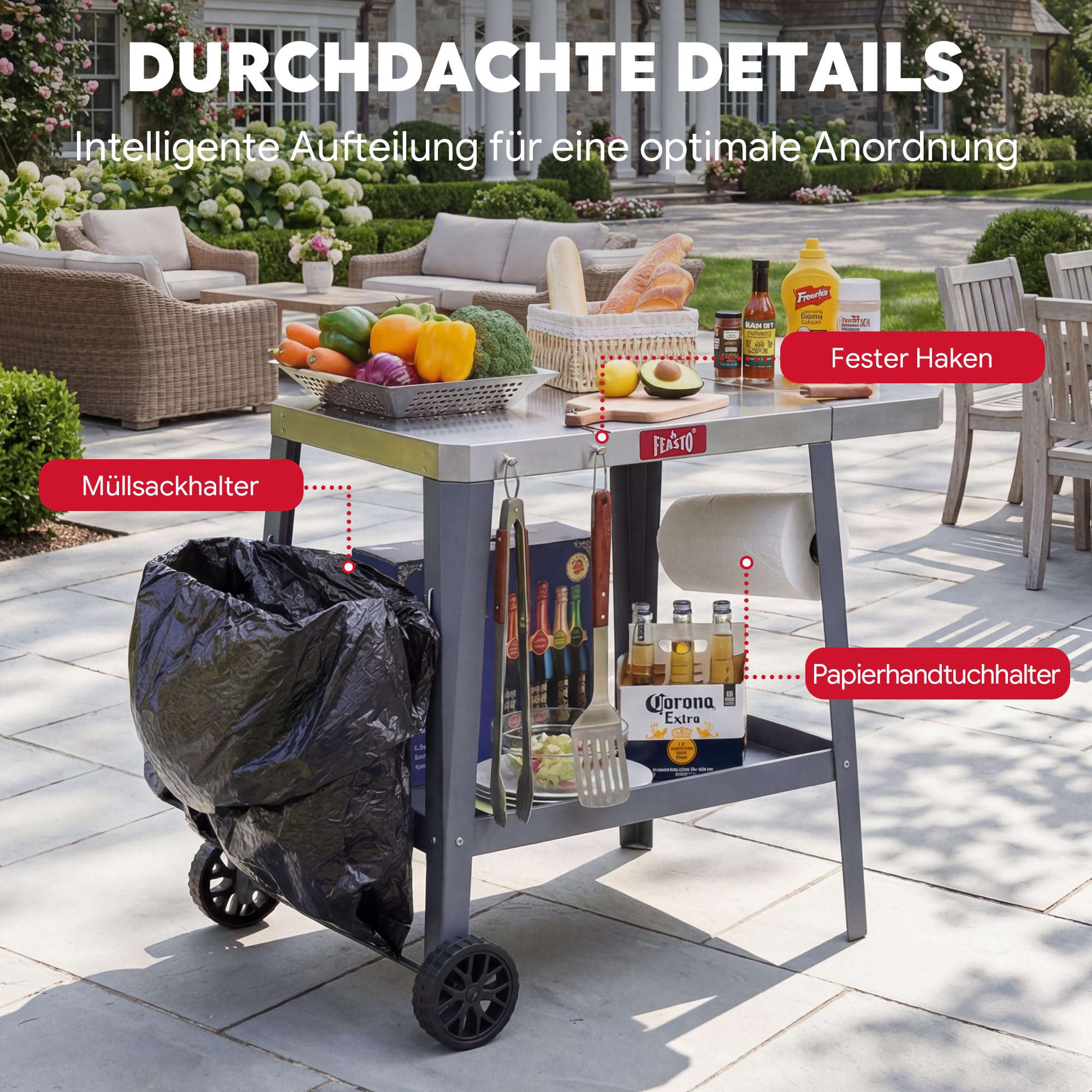 Feasto Grillwagen mit Klappbarem Beistelltisch, 95x67x80cm, grau