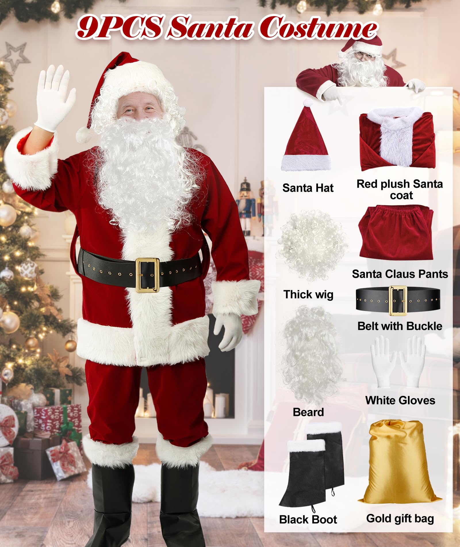 Santa Claus Costume for Men Women Adult - 9pc. Deluxe Costume Santa Suit Outfit