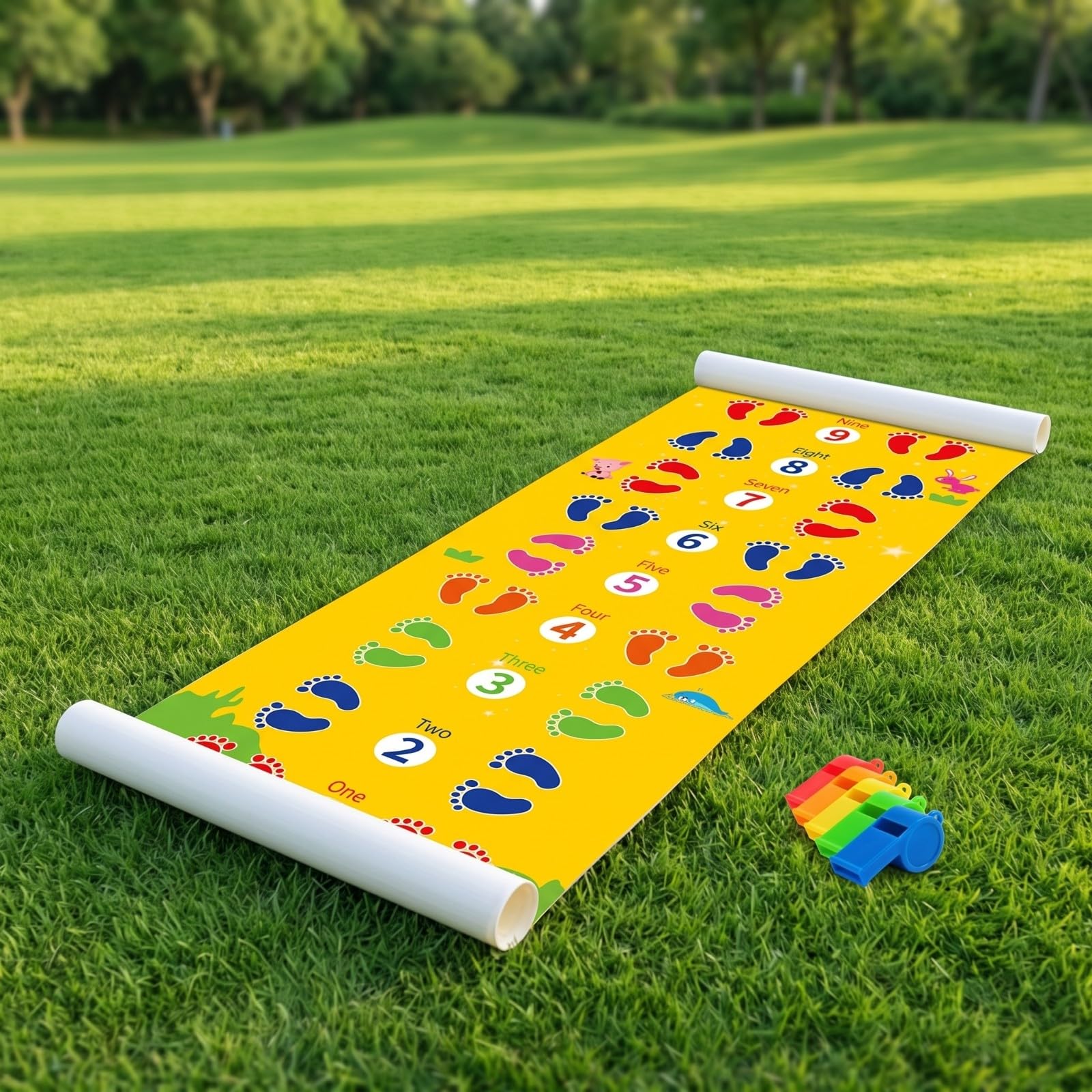 Alfombra Juego y Pies | Lona Serigrafiada, Antislizante, Tapete Coordinación con Silbato, para Colegios, Niños, Grupos