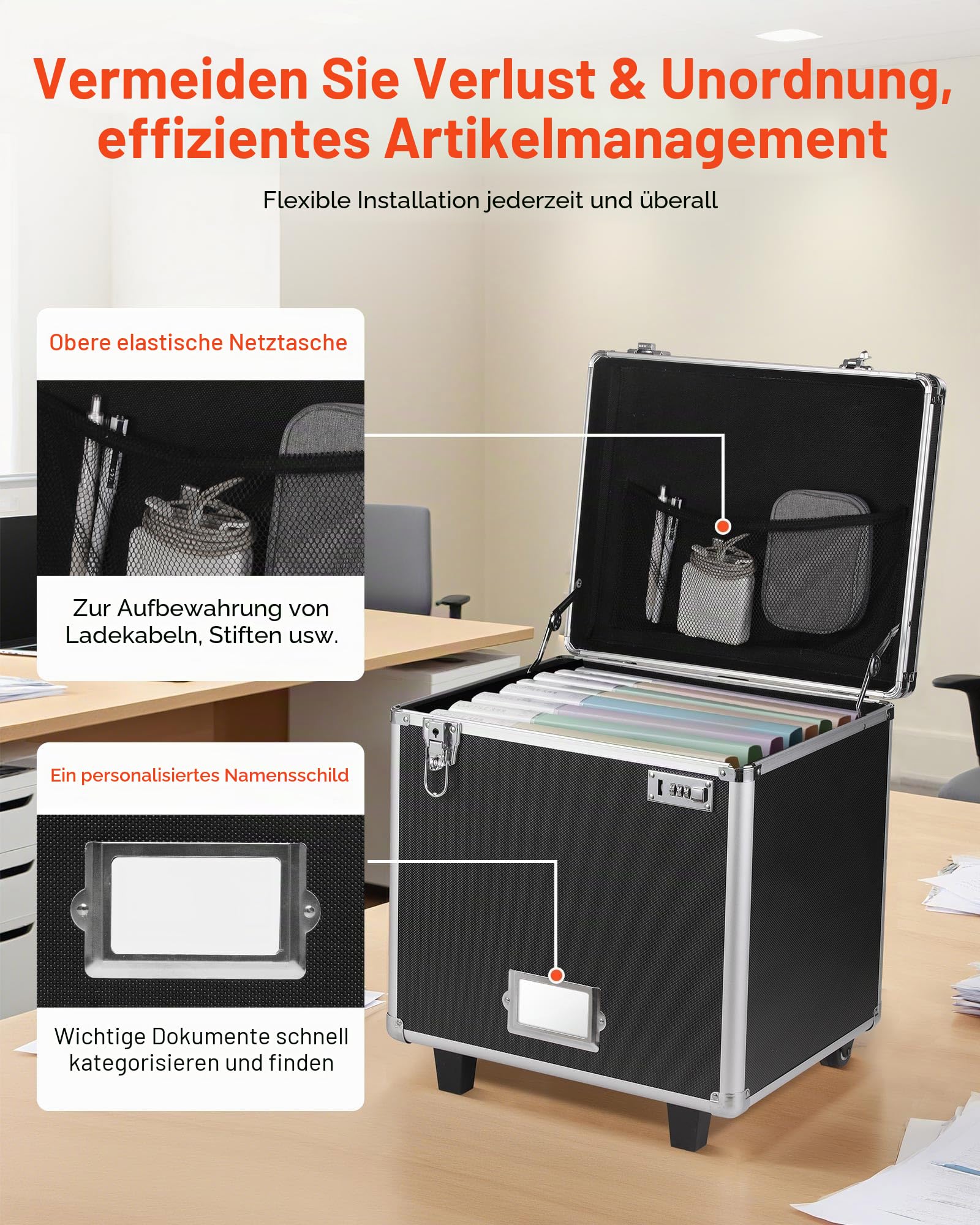 VEVOR Aktenaufbewahrungsbox, 396,2x320x381 mm Innenmaß, abschließbarer mobiler Businesskoffer mit Teleskopgriff, Aktenkoffer mit Handauszug für Büro, Zuhause, Büros, Krankenhäuser, Banken