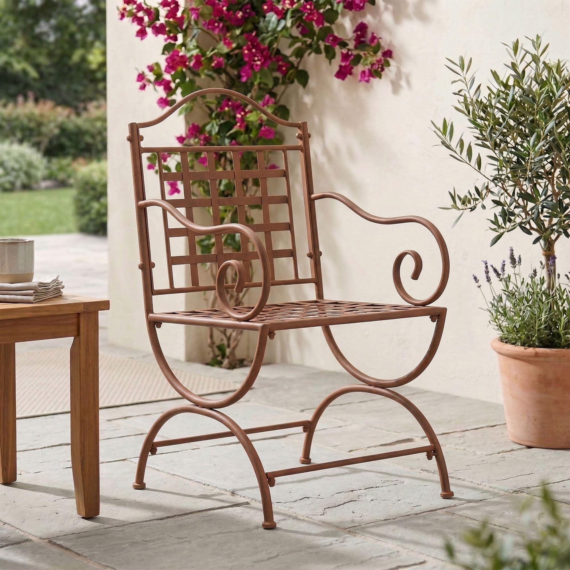 CLP Silla de Jardín Lotta de Metal, Hecha a Mano Estilo Art Nouveau, con Reposabrazos y Refuerzos, Hierro Antiguo, Robusta para Terraza y Jardín, Color:Antiguo marrón