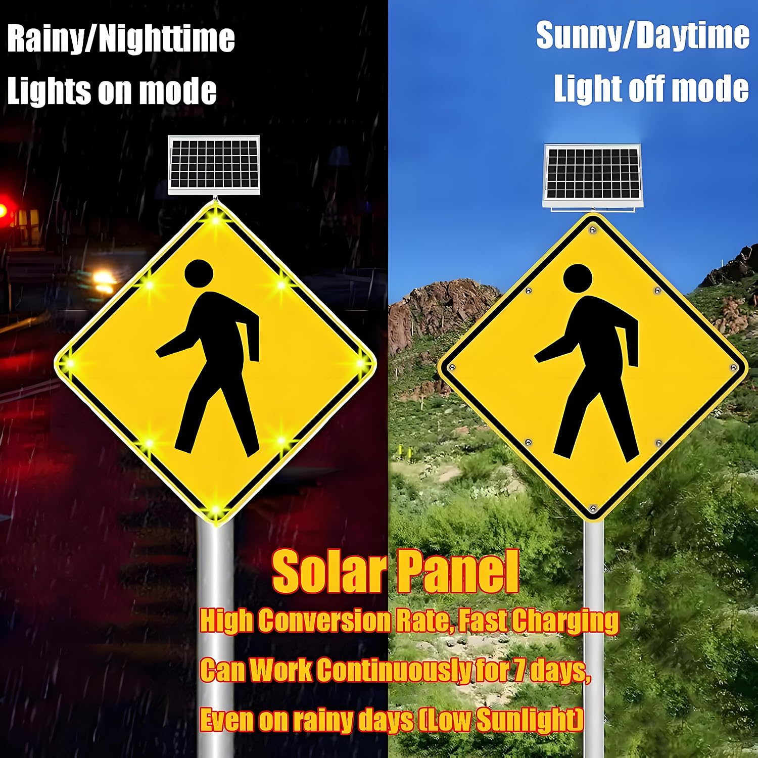 Señal solar de cruce peatonal, señal LED de advertencia de tráfico, señal de seguridad de calle intermitente de aluminio de 24 pulgadas, señal de alerta de carretera peatonal para una mayor