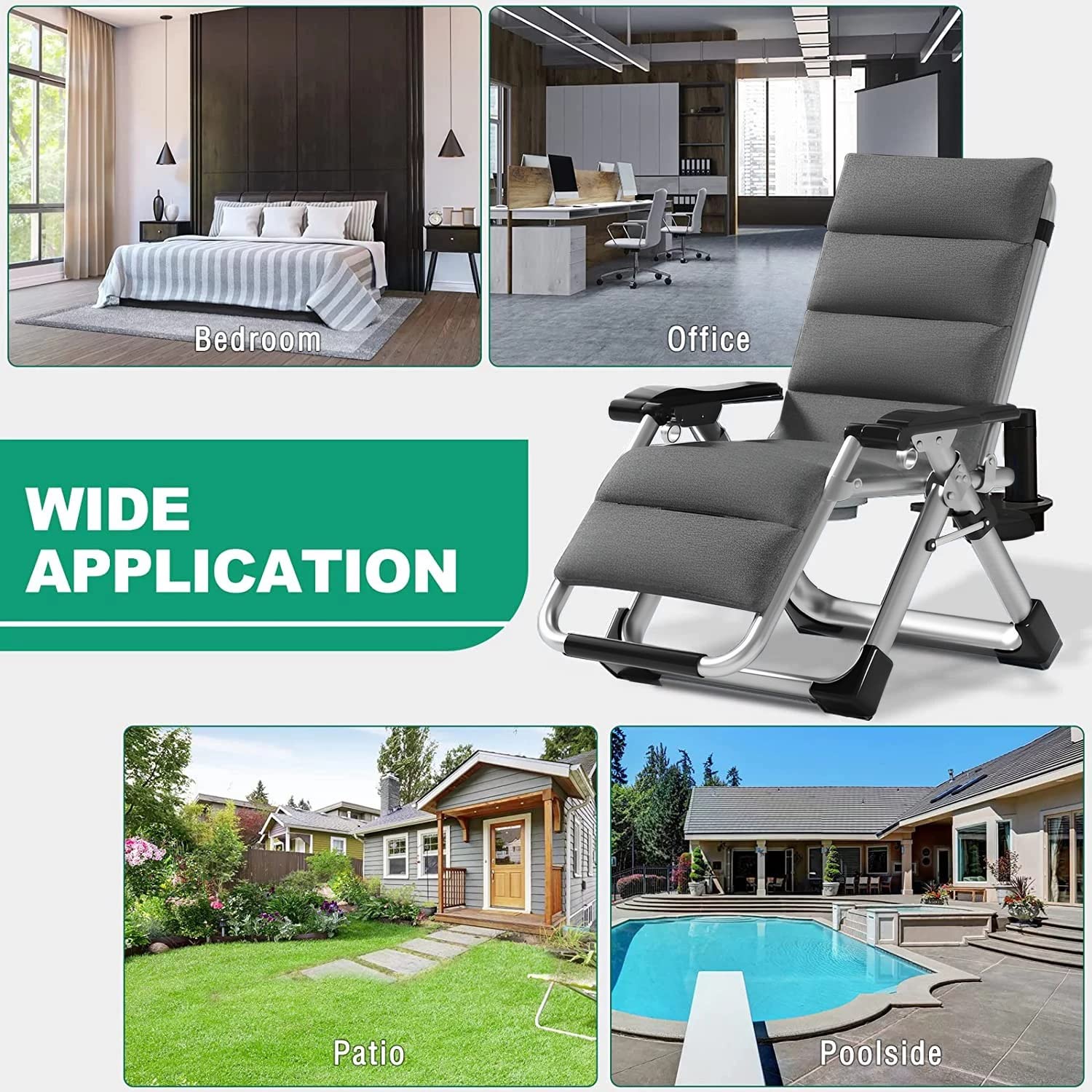 Tumbona Plegable, Silla Reclinable De Jardín, Silla Gravedad Cero con Soporte para Bebidas, Soporta hasta 180 Kg, Tumbona Jardin Exterior para Playa Piscina Hamaca Reposabebidas (Color : Linen Green