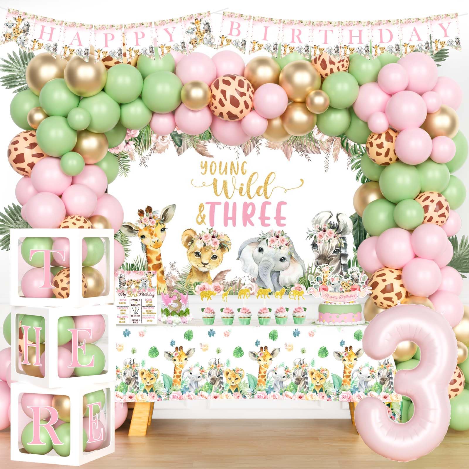 Hombae Young Wild and Three Party Decorations Girl, Safari 3rd Birthday Decoration, Jungle Animal Theme 3 Year Old Party Decoartions Backdrop Balloon